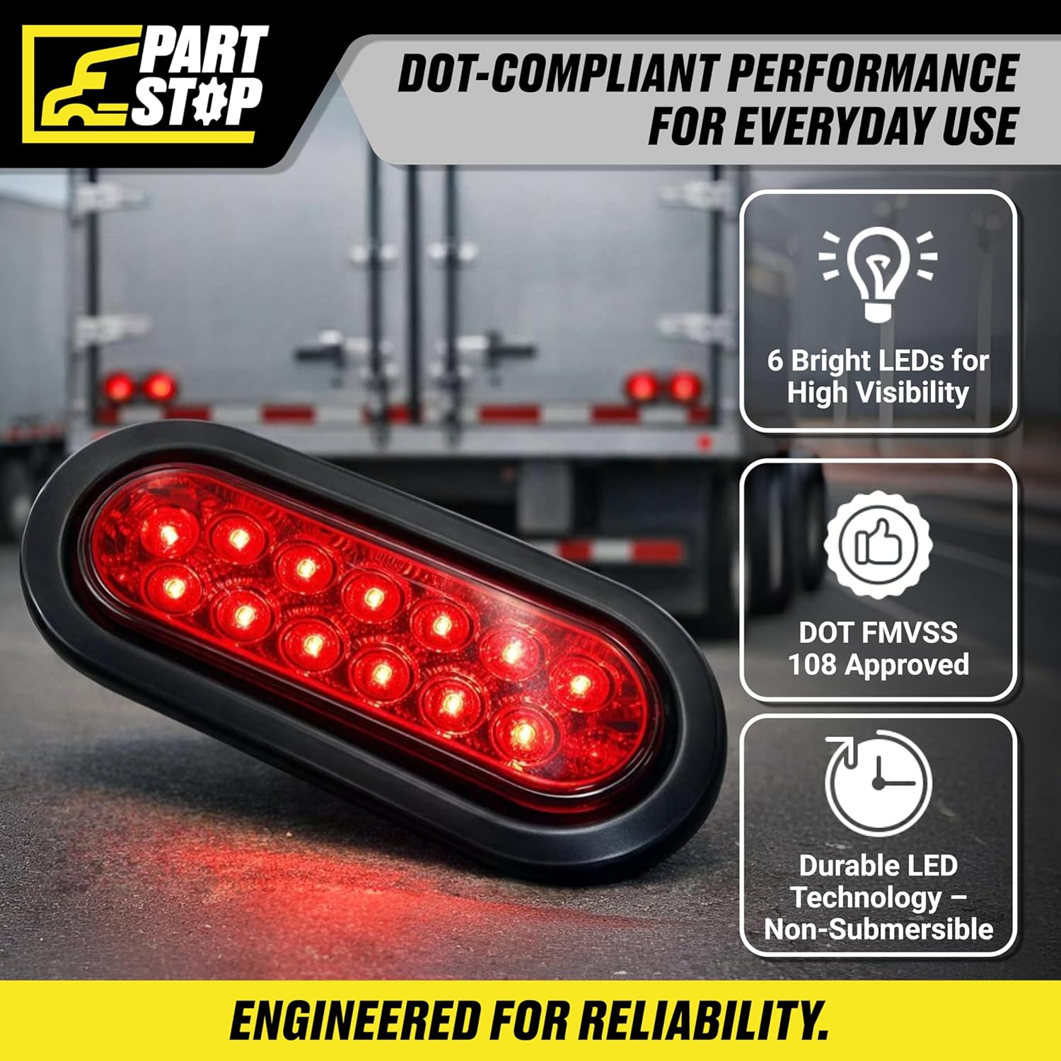 6-3/8" Oval Red Brake/Turn/Tail/Backup Light w/Grommet + Plug, 12V 12-LED, Submersible, Fits Universal 1993+ Truck & Trailer Applications - Replacement Part F01820S125