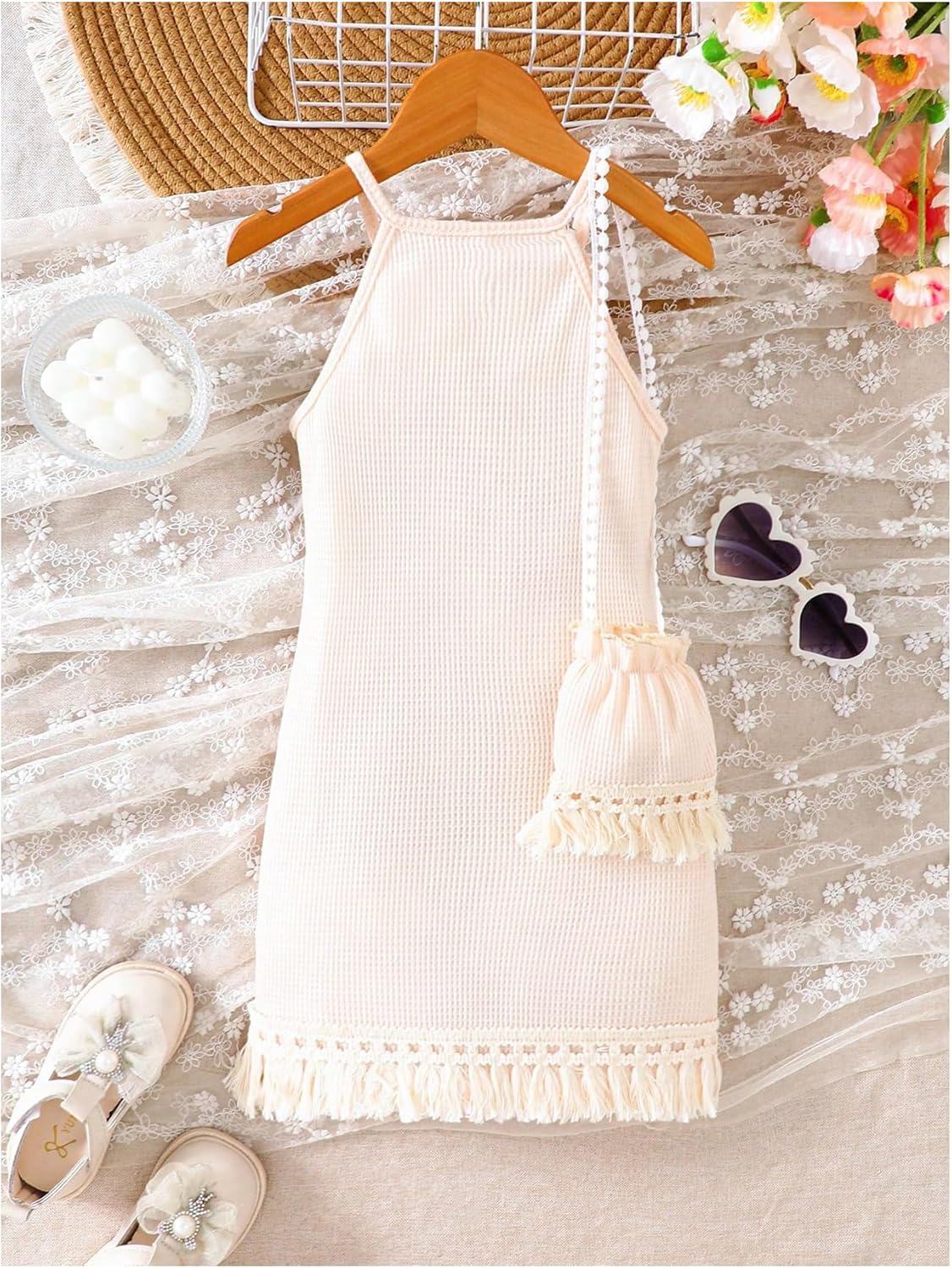 GORGLITTER Girl's Summer Crochet Dress Cute Beach Hawaii Vacation Cruise Outfits Flower Sleeveless Bodycon Mini Dress