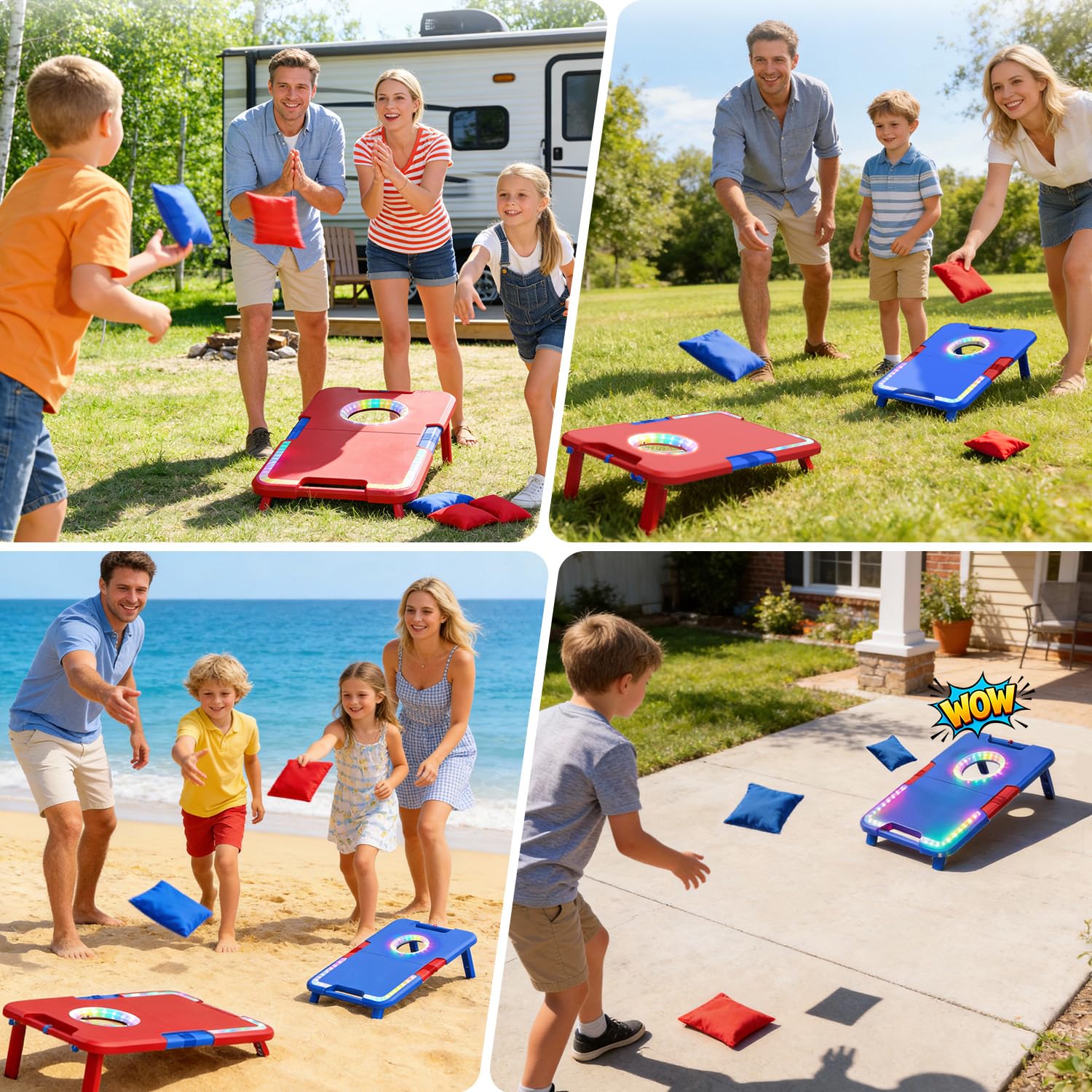 Jeu de Cornhole Illuminé avec Effets Sonores, 2 Planches Pliables & 8 Sacs de Fèves, Jeu de Lancer Portatif pour Extérieur,Jouets pour Fêtes dans la Cour & Camping,Cadeau pour Enfants et Famille,6-12+