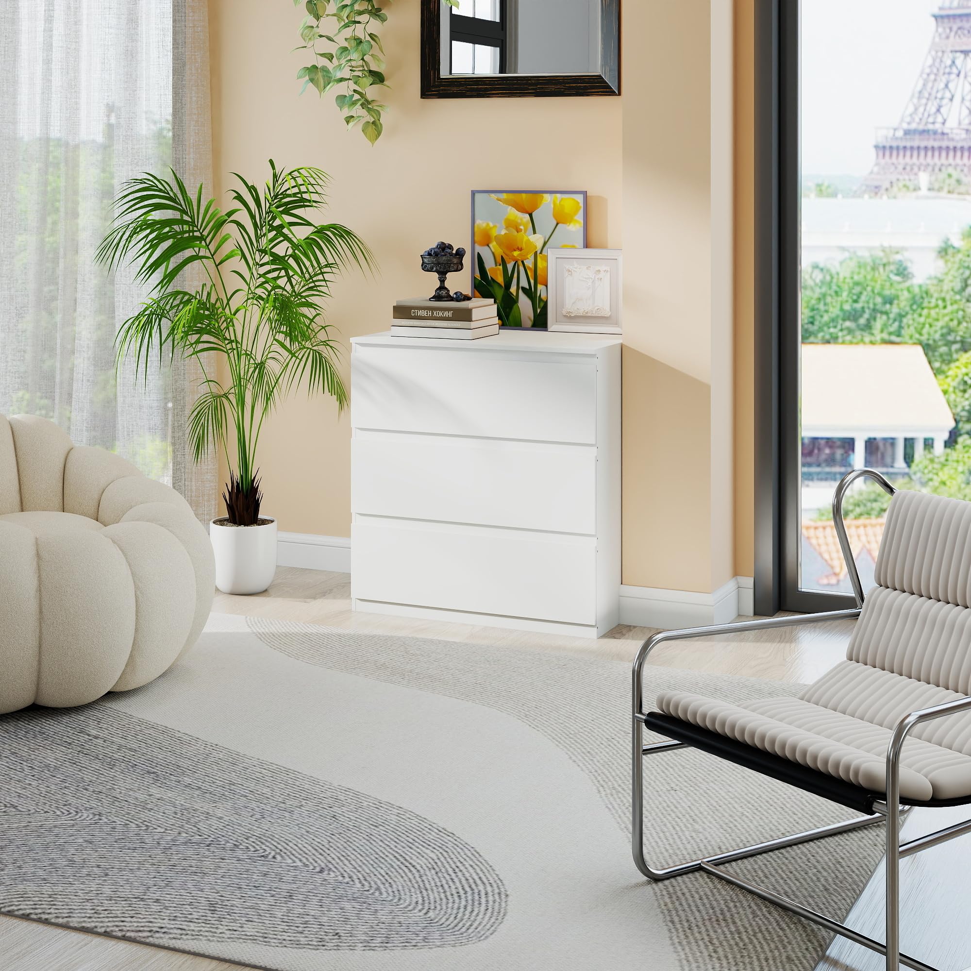 Kommode weiß mit 3 Schubladen, 70 cm Breite Schubladenschrank & Sideboard, Stauraum Kommodenschrank für Schlafzimmer, Wohnzimmer, Büro und Eingang, 70x40x75 cm (LxBxH)