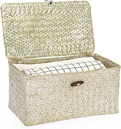 Hipiwe Canastas de almacenamiento de pastos marinos con tapa, cestas de mimbre tejidas a mano, canastas rectangulares para el hogar, cajas