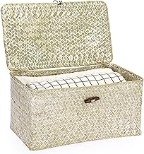 OLegei Panier de rangement en osier panier avec couvercle panier pour étagère boîte de rangement organisateur de table (31 x 18 x 15cm) blanc
