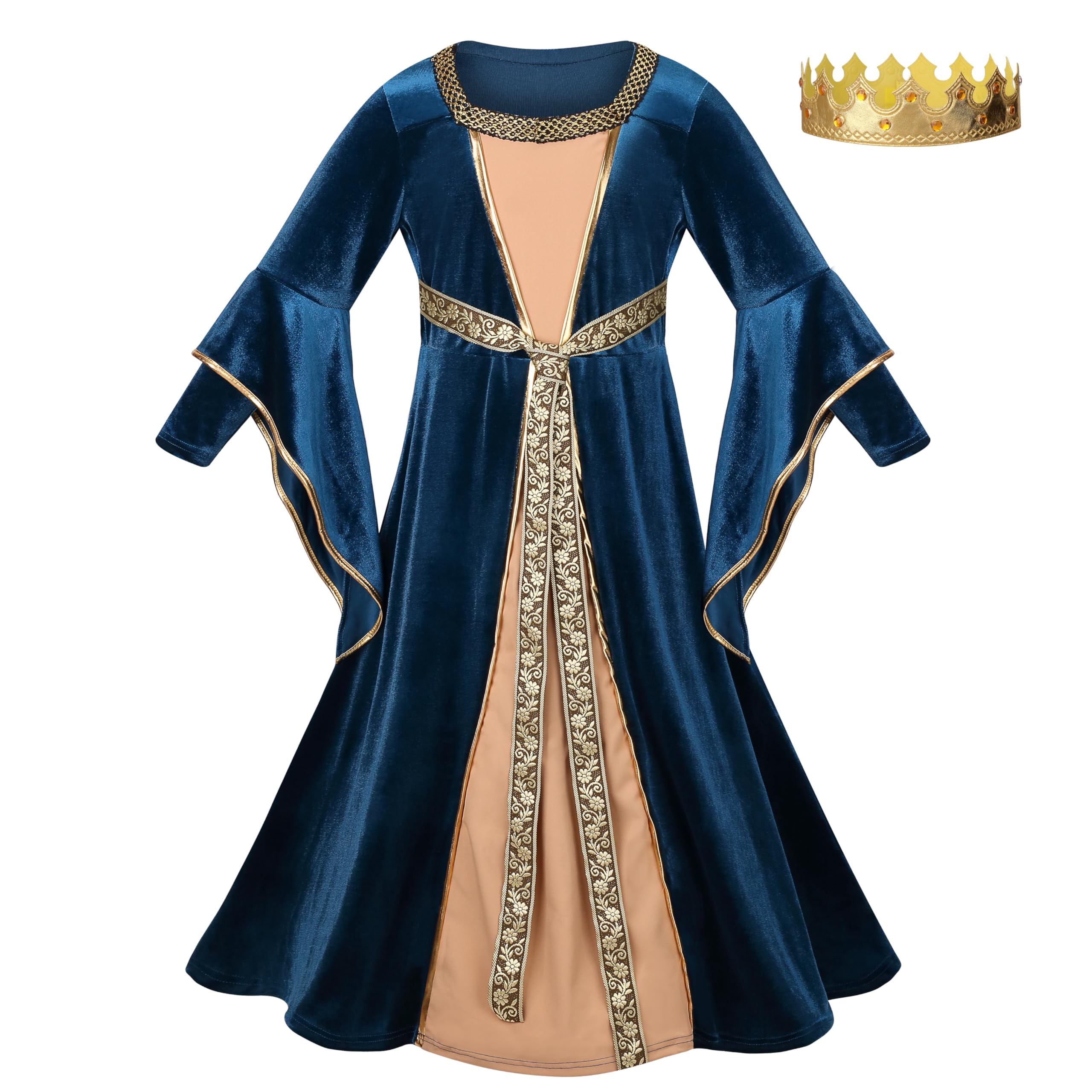 DELIVESS Girls Medieval Dress Renaissance Princess for Kids Halloween Outfit Costume 2 PCS (Dark Blue, S)