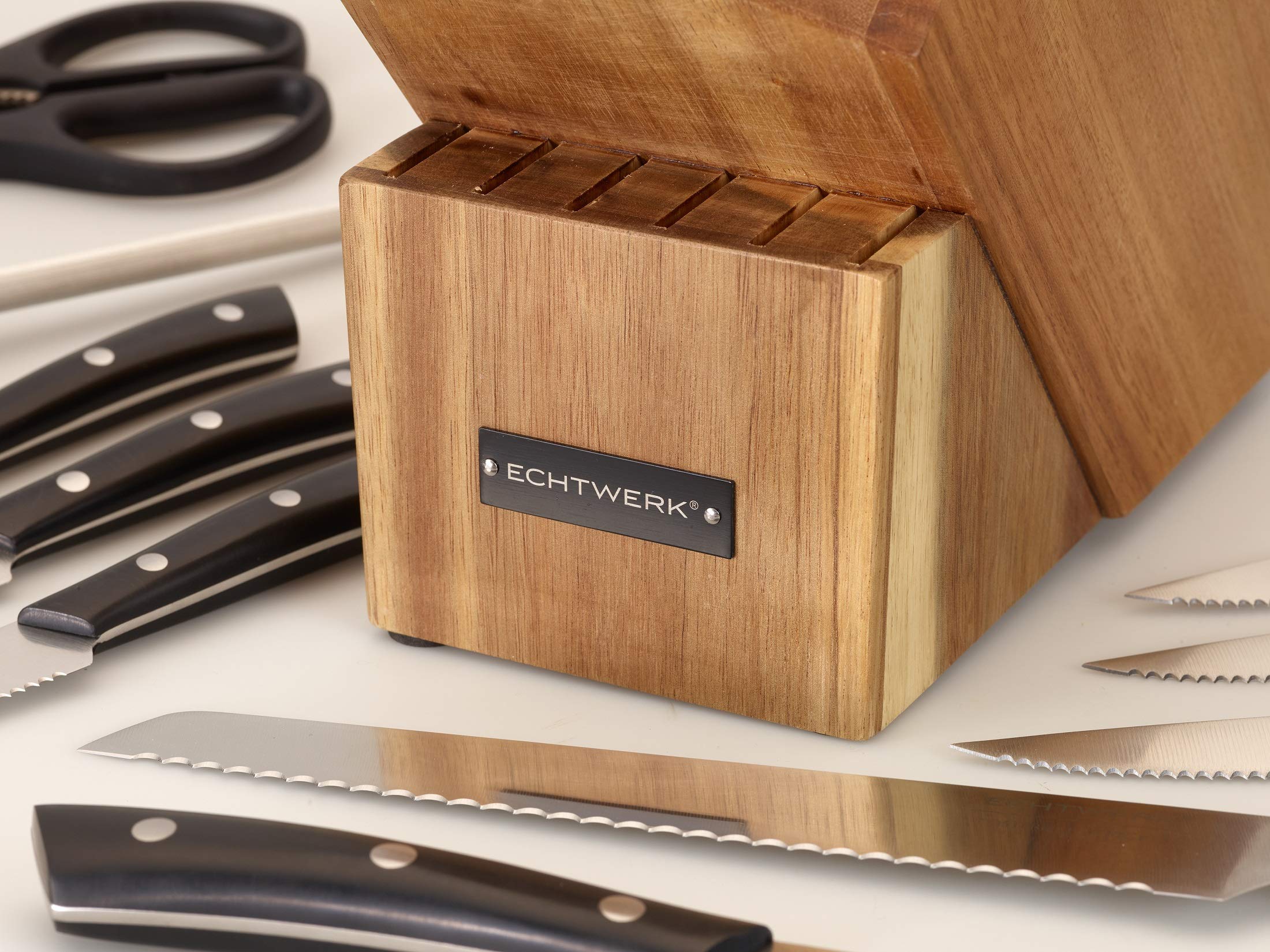 ECHTWERK Messerblock Set "Premium", mit Küchenmesser Set aus Klingenstahl, Messer Set inkl. Schere & Wetzstahl, Akazienholz Block/Messerhalter mit rutschhemmenden Füßen, ergonomischer Griff, 15tlg
