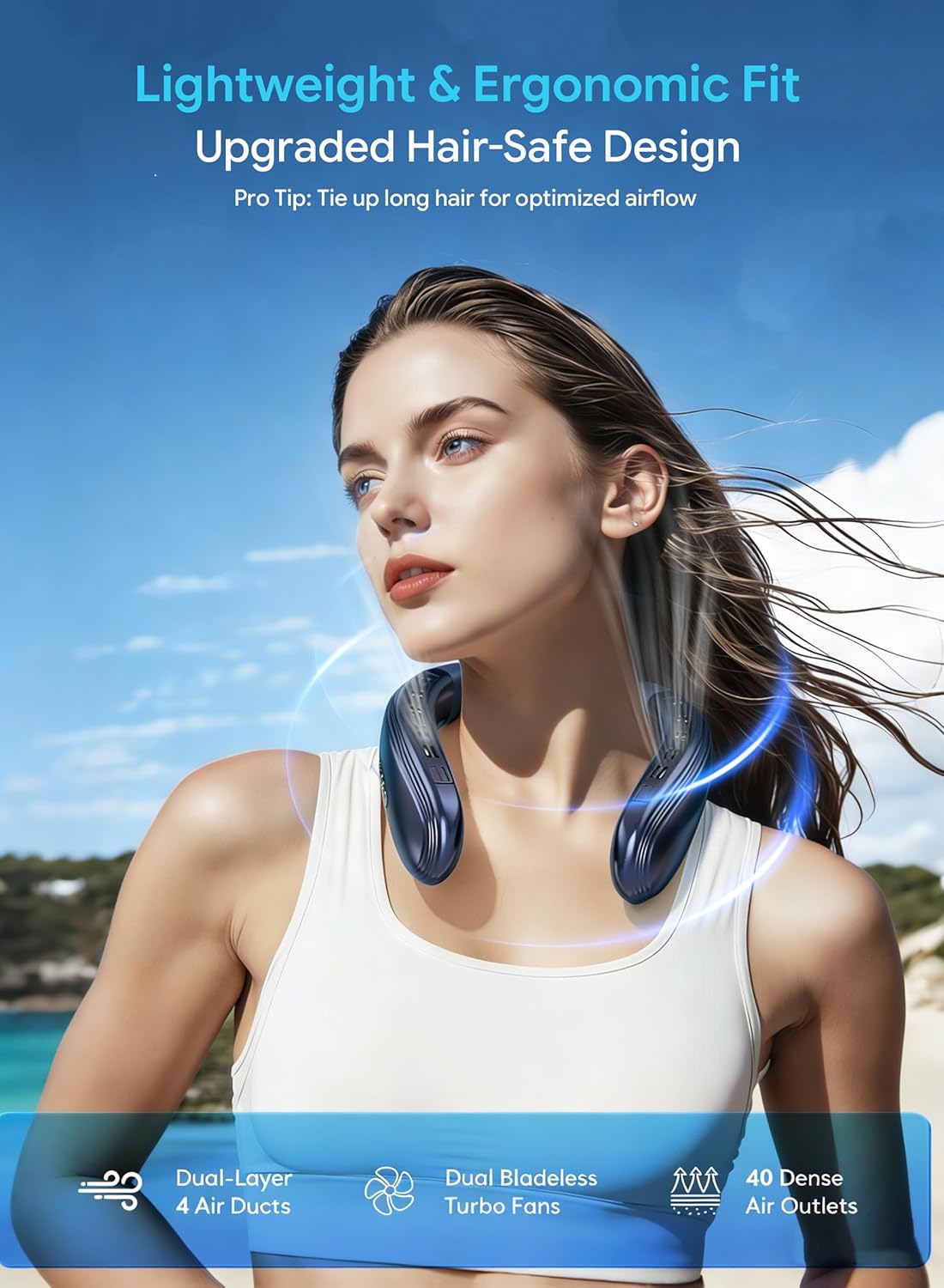 Neck Air Conditioner Portable, Neck Fan with Large Cooling Plate & NTC Control, 360° Upward & Downward Back Airflow, 6000mAh Bladeless Wearable Fan for Outdoor, Travel, Office, Golf