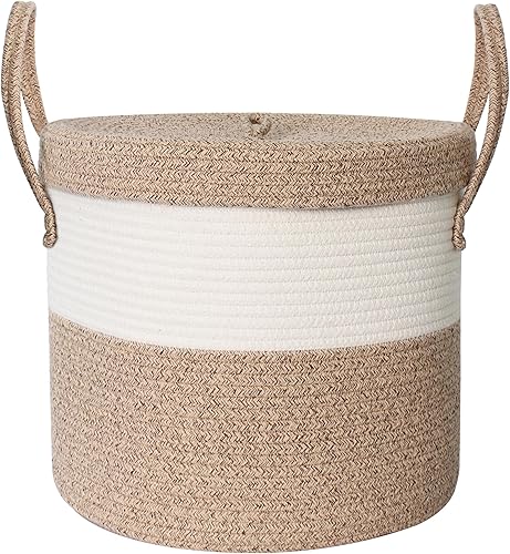 Cesta de almacenamiento grande de 15 x 13 pulgadas con tapa, cesta de manta para sala de estar, cestas de cuerda de algodón tejida para