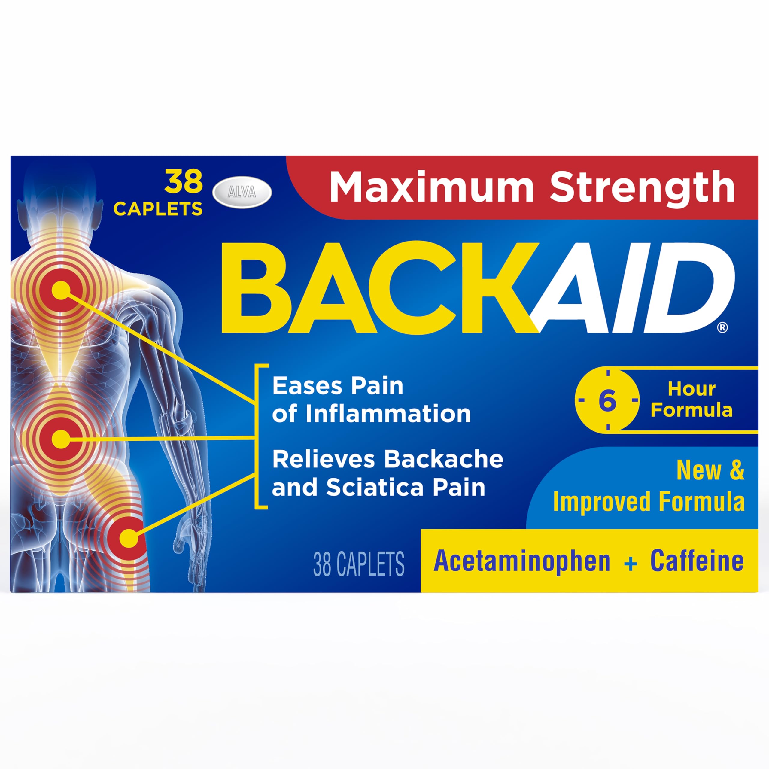 Backaid Max Relief Caplets, Aspirin-Free Pain Relief from Backache, Sciatica and Leg Pain, Long-Lasting 6 Hour Formula, Analgesic/Diuretic, 38 Count