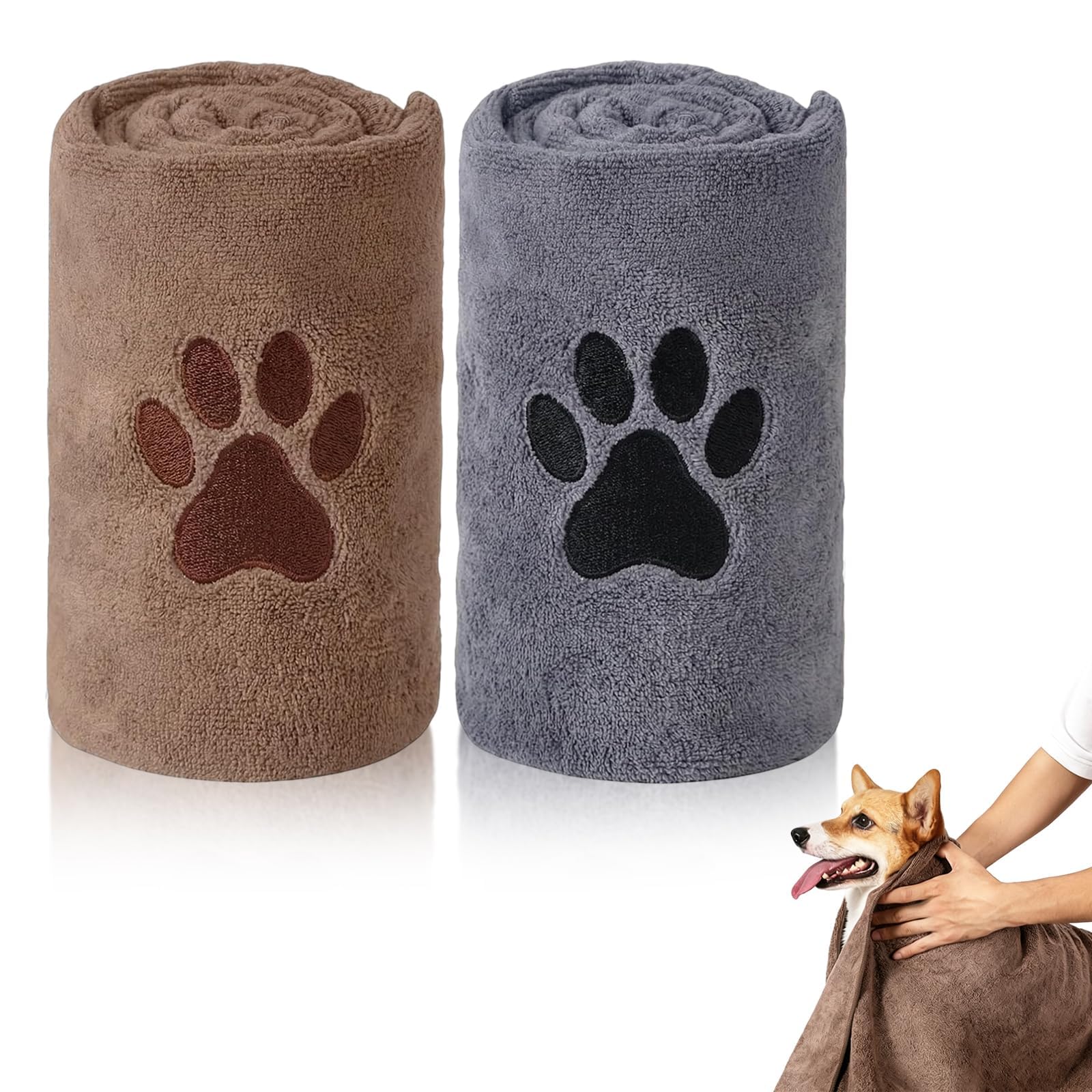 VZU 2PCS Ultra-Absorbent Microfibre Dog Towel, Thick & Super Soft Pet Towel for Drying Dogs, Large 30x14in Quick-Dry Puppy Towels for Bath, Swimming & Rainy Walks, Machine Washable (Grey & Coffee)