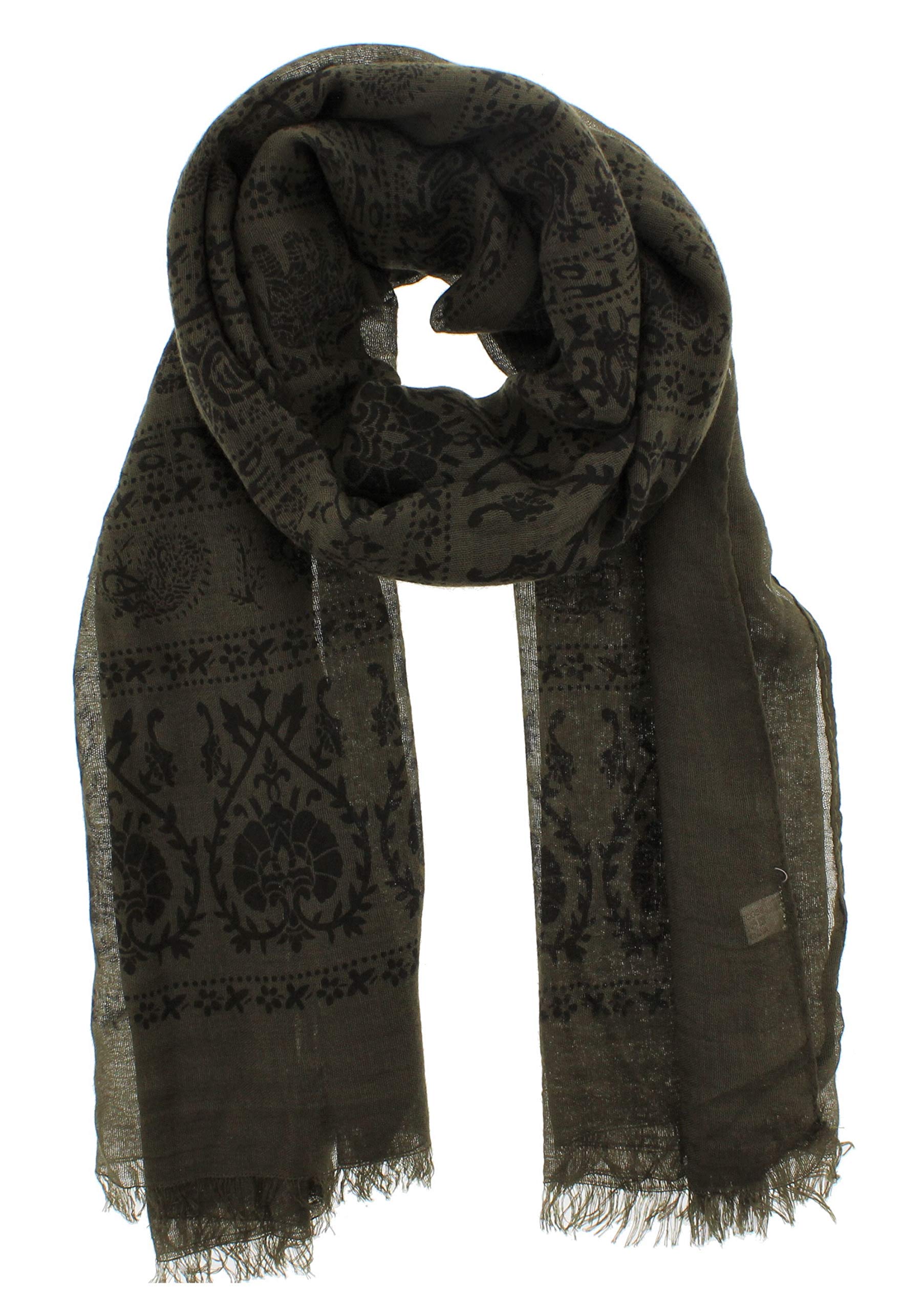 Zac's Alter Ego Women's Olive Green Long Lightweight Elephant & Paisley Print Scarf