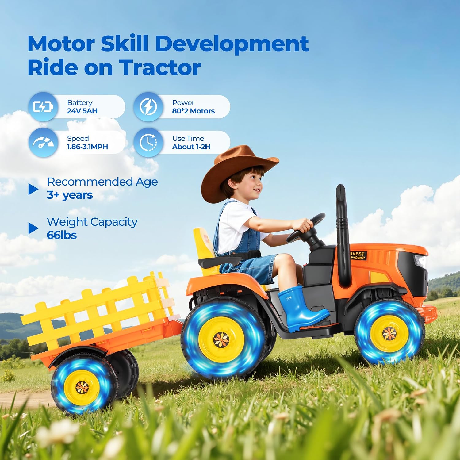24V XL Ride-On Tractor with Tiltable & Detachable Trailer, 2×80W Motors, Adjustable Handles, EVA Tires, Forward & Reverse, Safety Belt, Remote Control - Farm Harvest Edition
