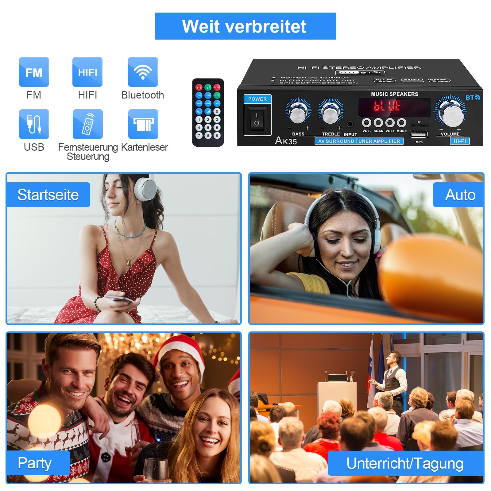 HiFi Stereo Audioverstärker AK35 Bluetooth 5.0 Digital Mini-Verstärker RMS 2.0-Kanal 30W x 2 HiFi-Leistungsverstärker mit Bass & Treble Tuner für Heim-Lautsprecher