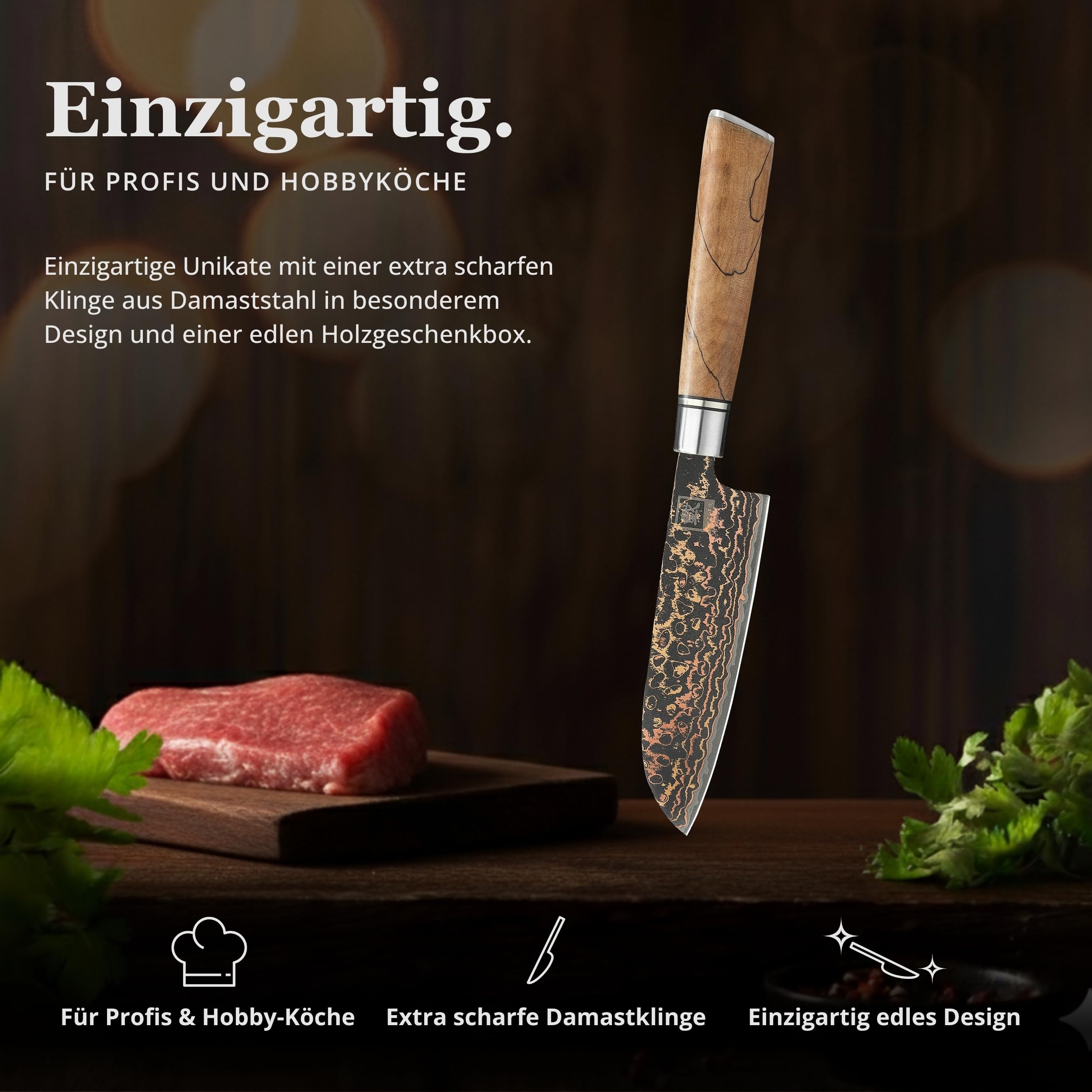 zayiko BlackMagma Damastmesser Santoku 12 cm, Damaststahl, Ahornholzgriff | 33 Lagen mit VG10 Stahlkern, Kupfer-Bronze-Einlage, dunkles Klingenfinish, 15° V-Schliff beidseitig, 60 ± 2 HRC, Geschenkbox.