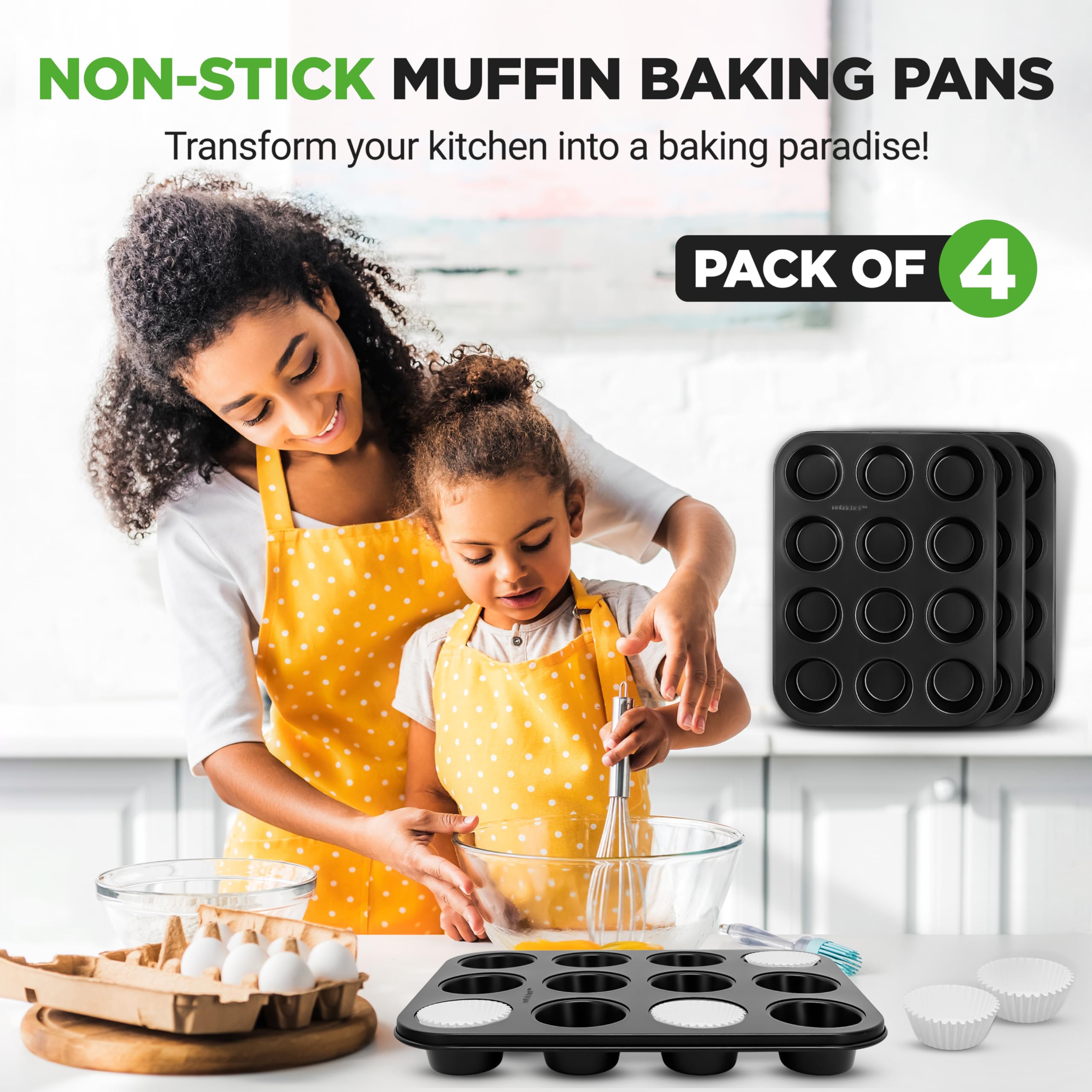 NutriChef Muffinformen zum Backen, antihaftbeschichtet, 12 Formen, stapelbare Cupcake-Formen, Karbonstahl, spülmaschinen- und ofenfest, inklusive 200 Pergamentpapiereinlagen, 33 x 10 x 2,5 cm, Schwarz