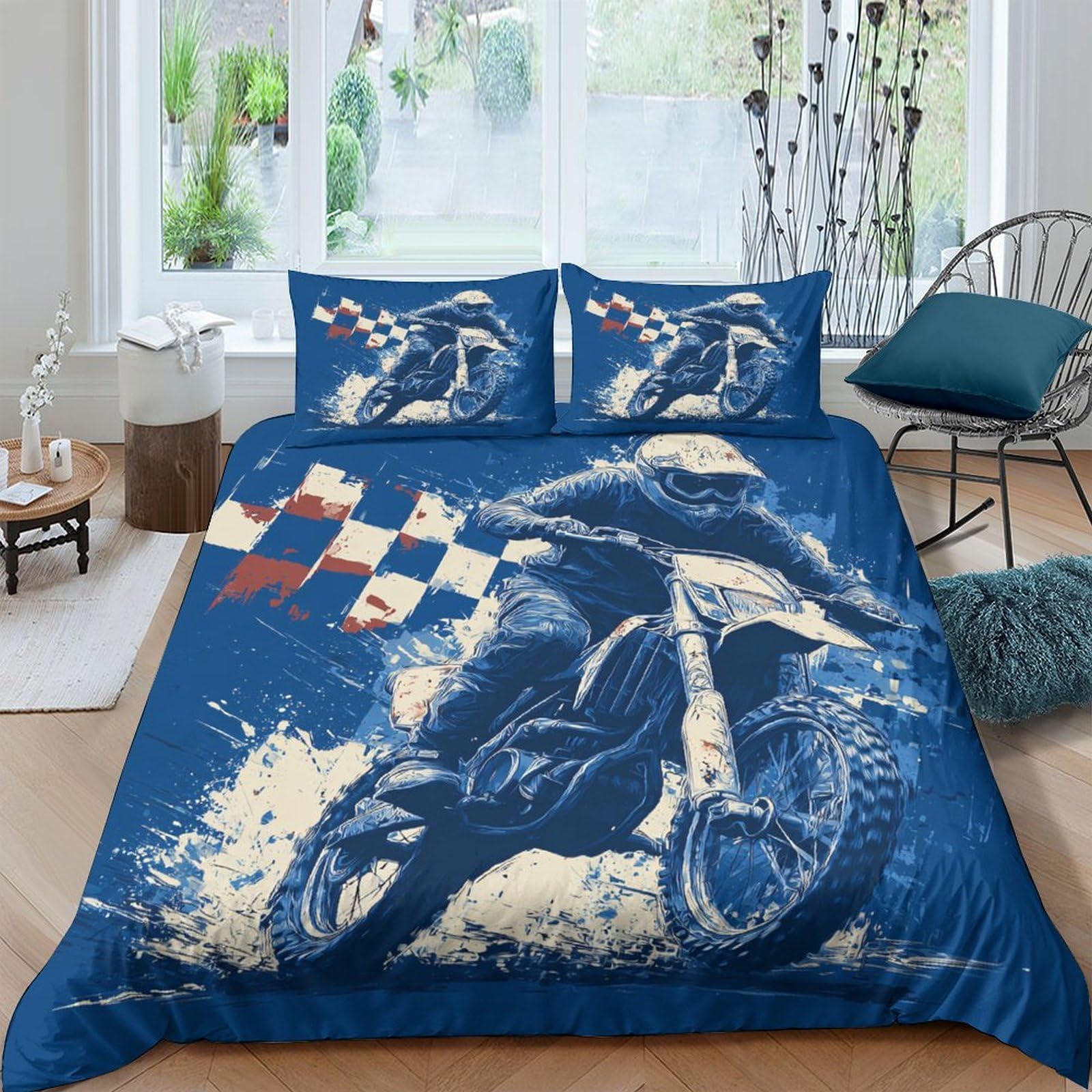 GPLZQXKJNH 3D Printed Motorcycle Racing Duvet Cover Set Microfiber Soft Blue Dirt Bike Quilt Cover with 2 Pillowcases for Bedroom Decor Single（135x200cm）