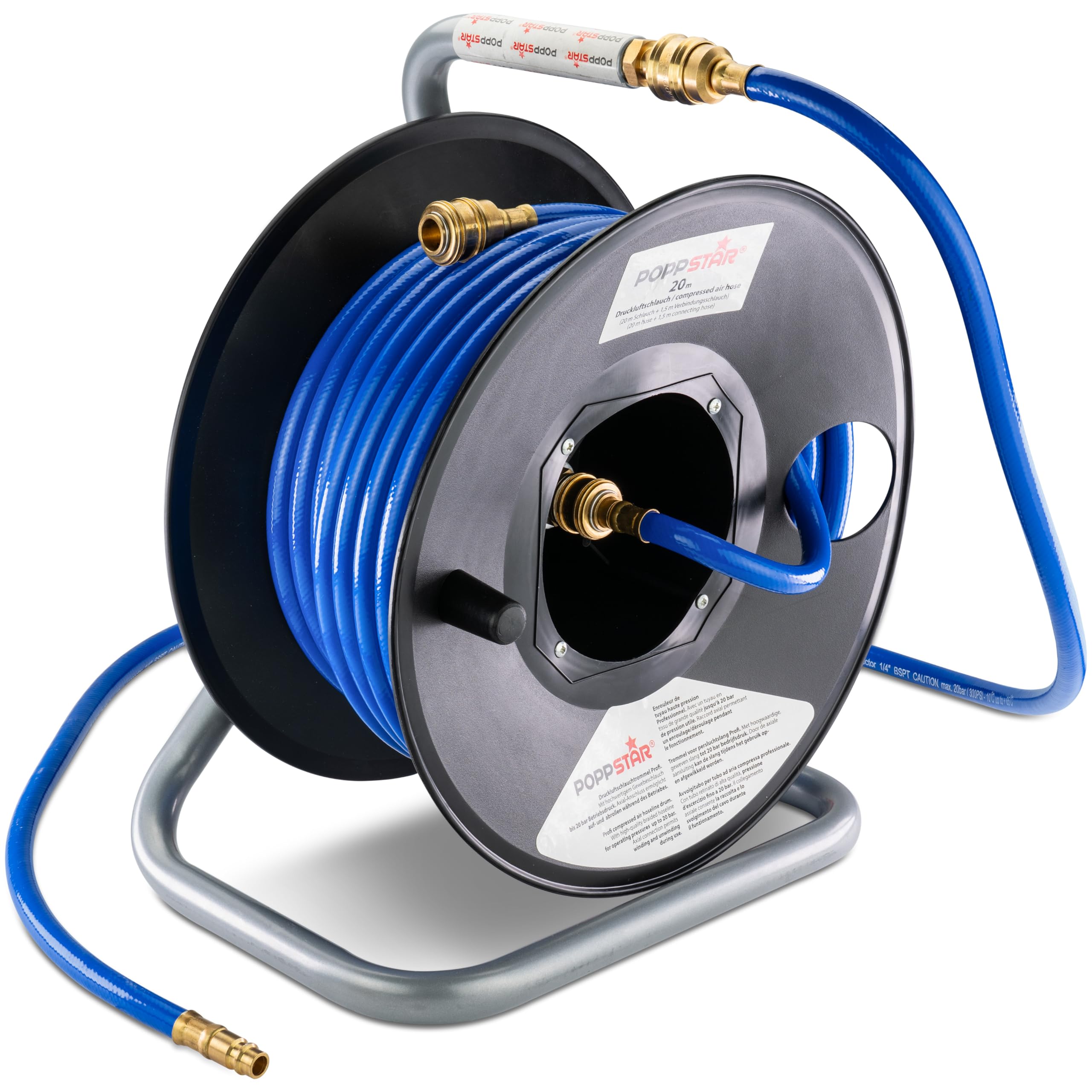 Poppstar Manual Air Hose Reel Made of PVC (20m+1,5m, Diameter (6x11,5mm)), Connections 1/4 Inch BSPT