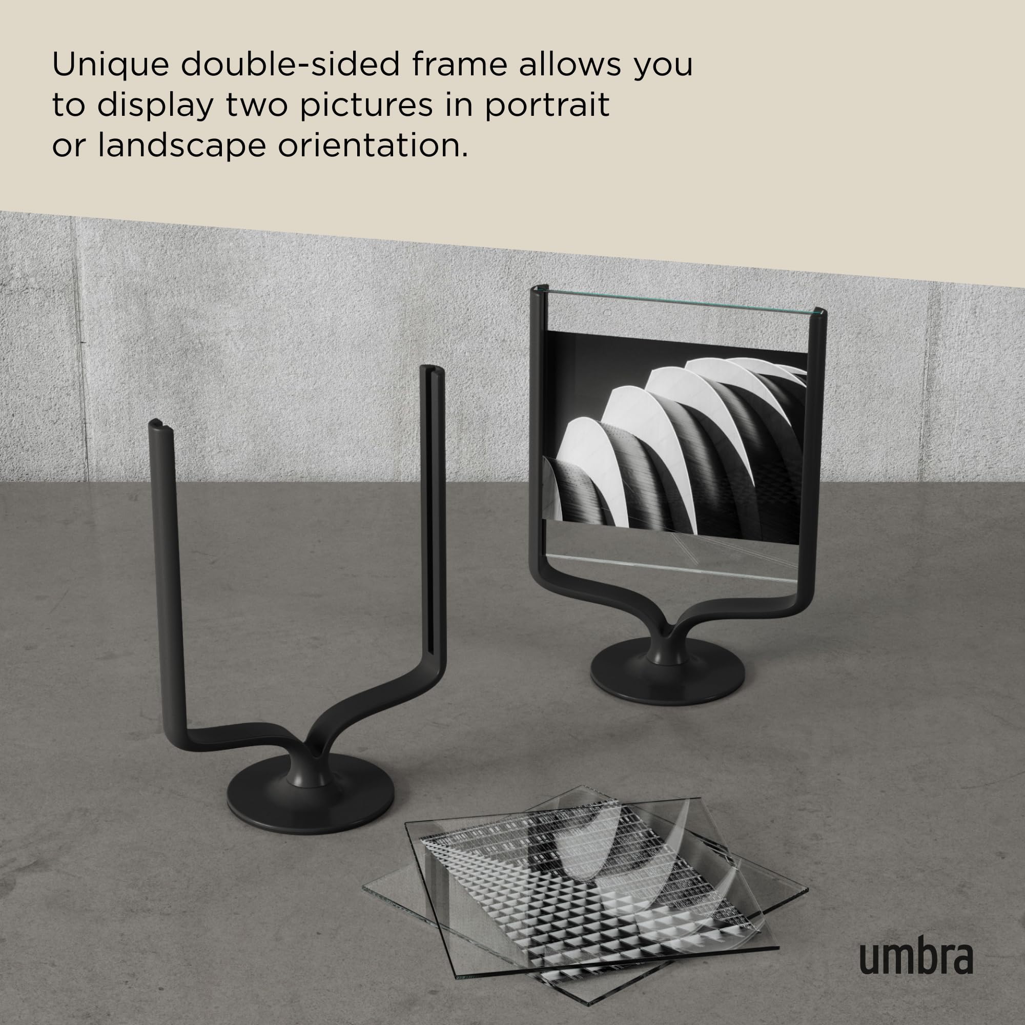 Umbra Wishbone Bilderrahmen für Fotogrößen 10 x 15 und 13 x 18 cm, beidseitiger Tischbilderrahmen für Bilder im Hoch- oder Querformat, Schwarz