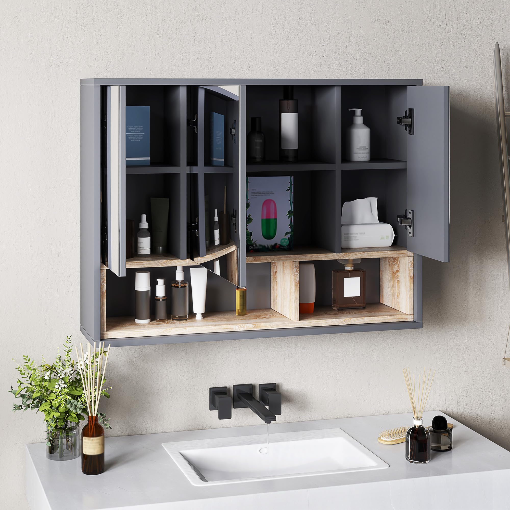 HOMCOM Szafka ścienna, szafka łazienkowa z lustrem wisząca, lustro łazienkowe ze schowkiem, 3-drzwiowe szafy i 8 przegródek, Słońce. 80L x 20 l x 60H cm, szary