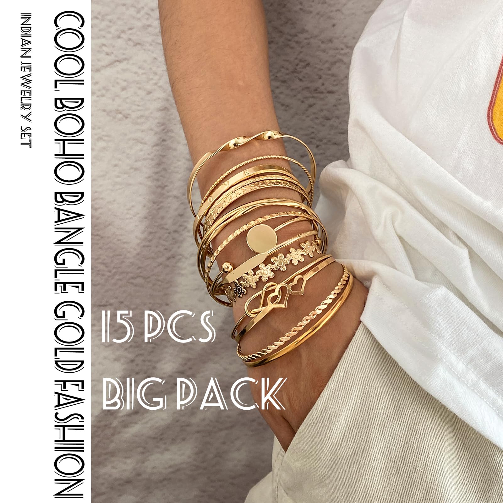 17IF Gold Bangle Bracelet For Women, 14k Multilayer Charm Textured Stackable Bracelets Boho Indian Chunky Cuff Fashion Jewelry Gift