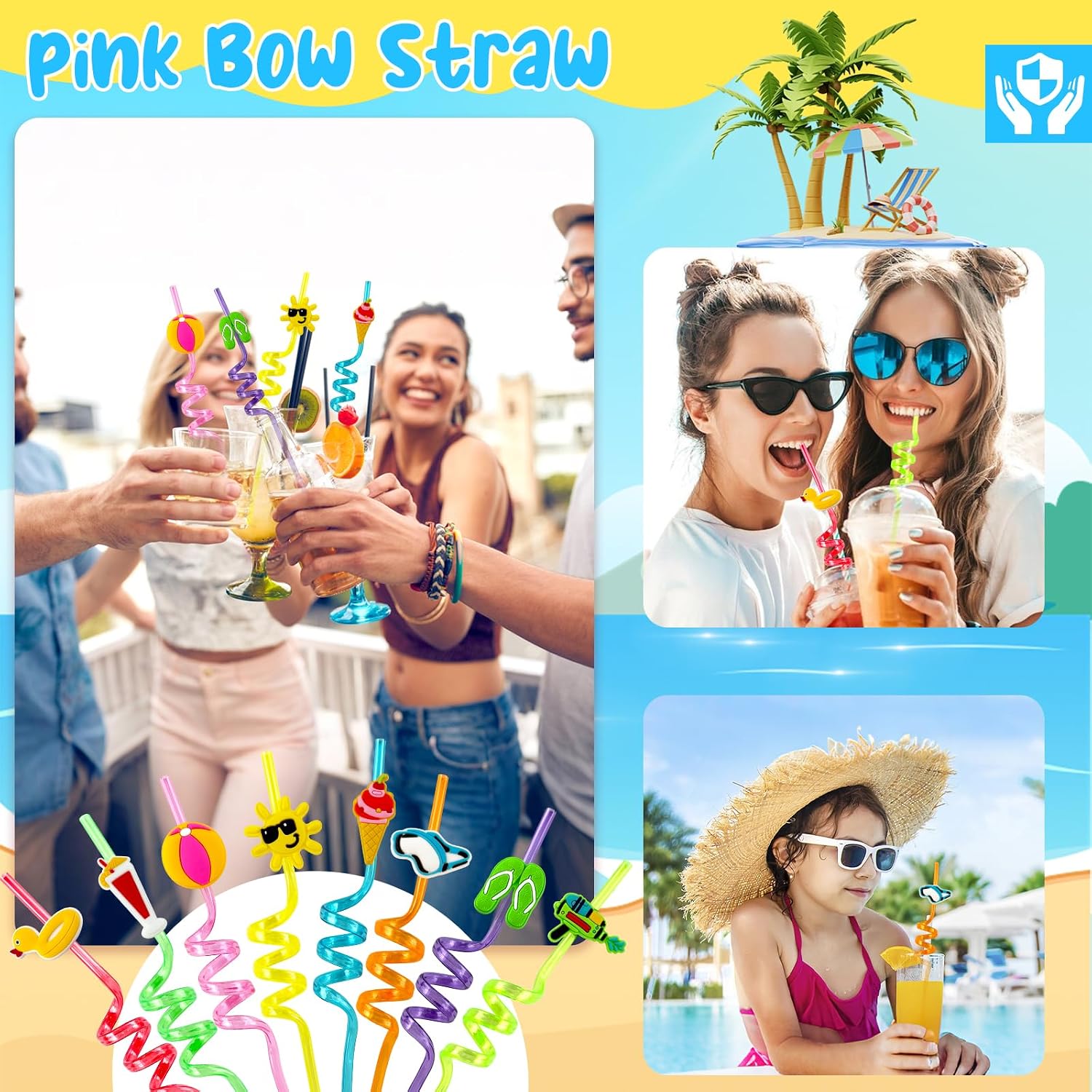 Colorful Drinking Straws 24pcs Reusable Beach Pool Summer Swim Theme Drink Straws Decorations for Party Supplies Favor