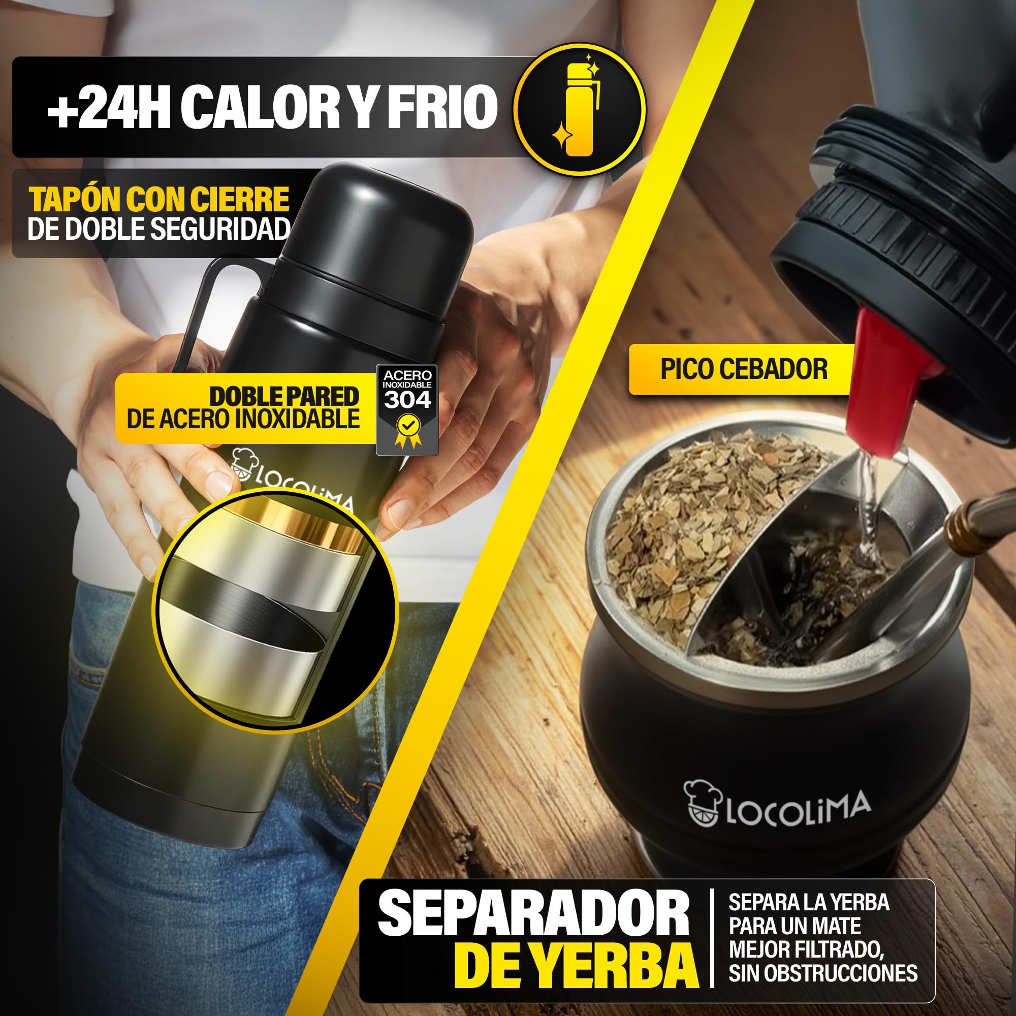 Kit Mate Argentino Premium 10 Piezas, Termo Mate 1L Doble Pared de Acero Inoxidable, 2 Vasos (250ml y 350ml con tapa) Bombillas, Porta Yerba, Separador Yerba y Prensa el Autentico Set de Mate