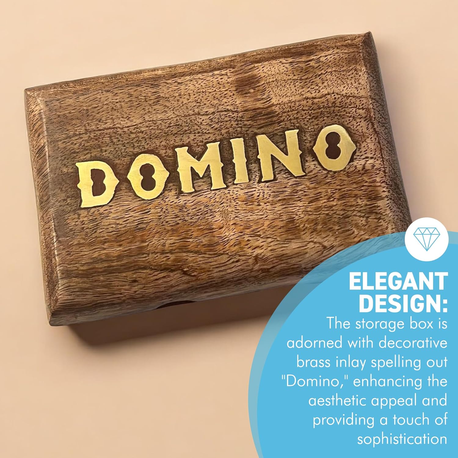 Handcrafted Wooden Domino Set with Brass Inlay, 28 Classic Tiles, 15cm x 10cm, Includes Wooden Storage Box – Elegant Table Game