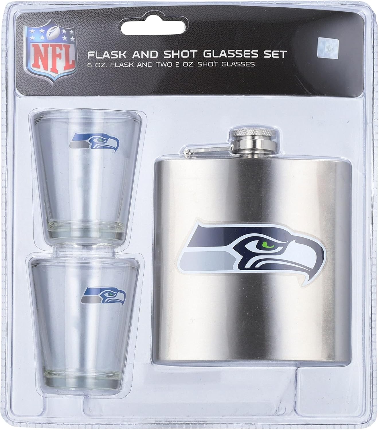 NFL Shot Glasses and Brushed Stainless Steel Flask Set