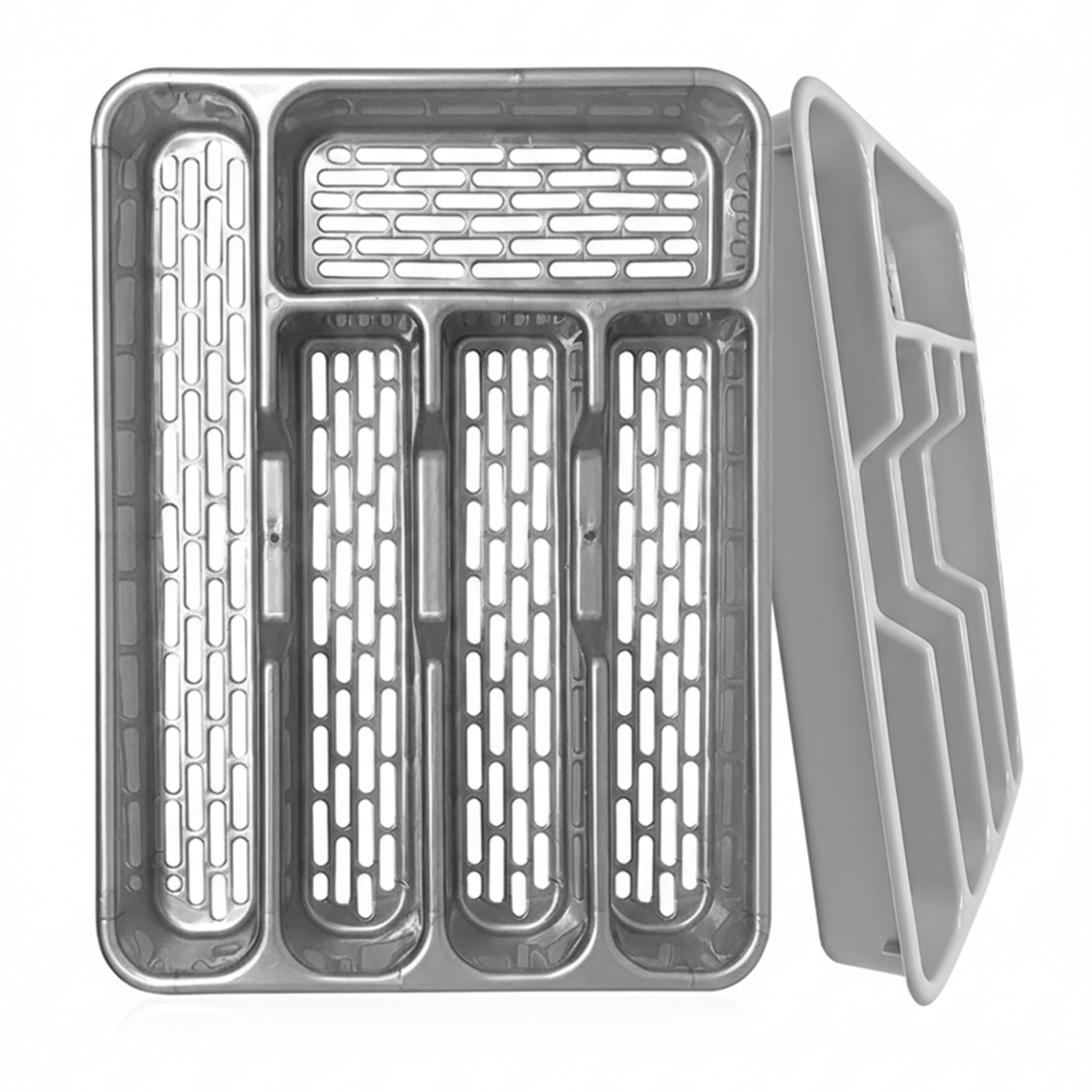 Ketayle L-Tier Cutlery Tray Classic Silver - BPA-Free Plastic, Food Safe, Non-Slip Base, Ideal for Drawer Organization, Fits Most Standard Drawers, 33x24x4.3 cm, Durable & Easy to Clean