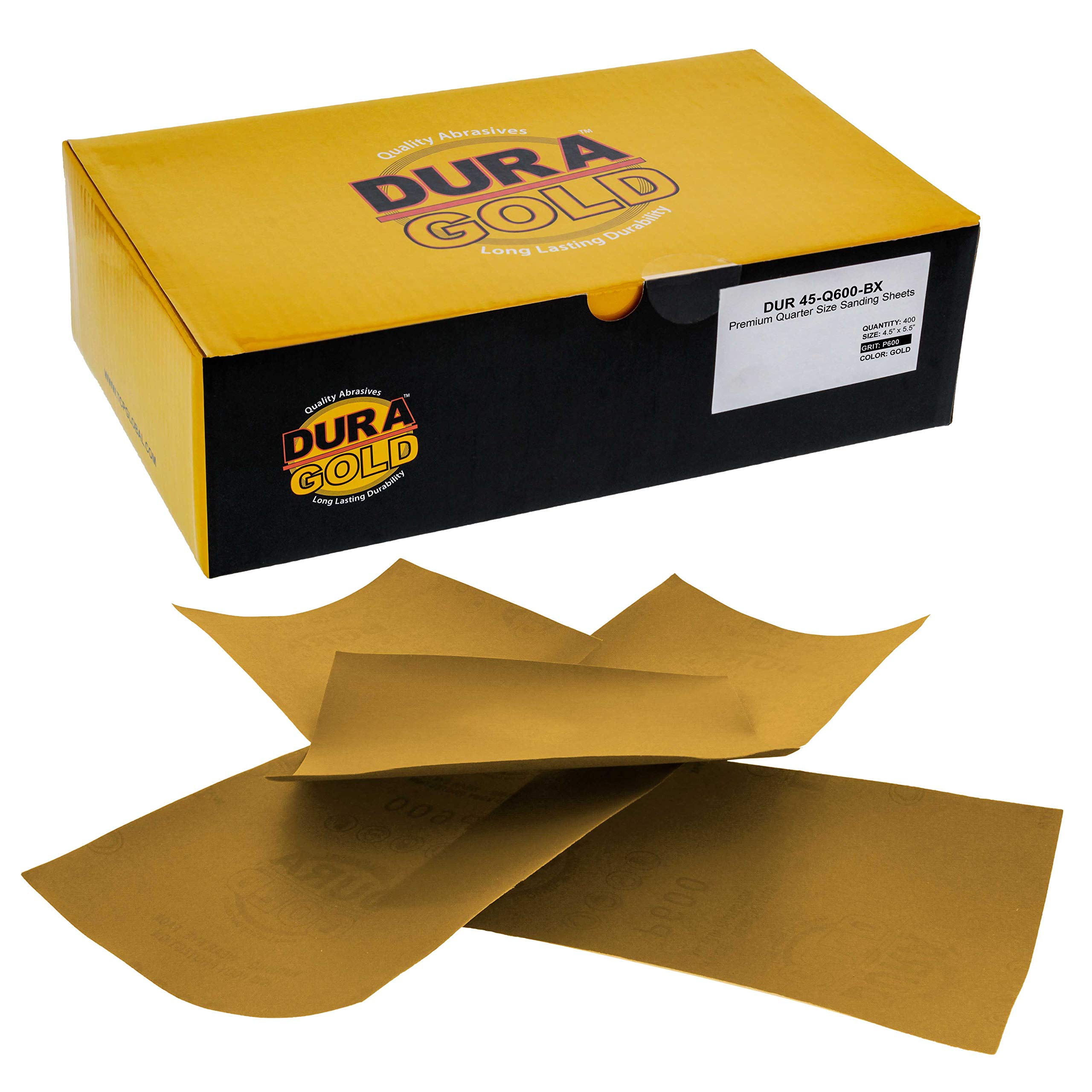 Dura-Gold - Papel de lija de grano 600 dorado – 1/4 hoja de papel de lija liso 5.5" x 4.5" – para lijadoras de palma automotriz y carpintería – Caja de 400