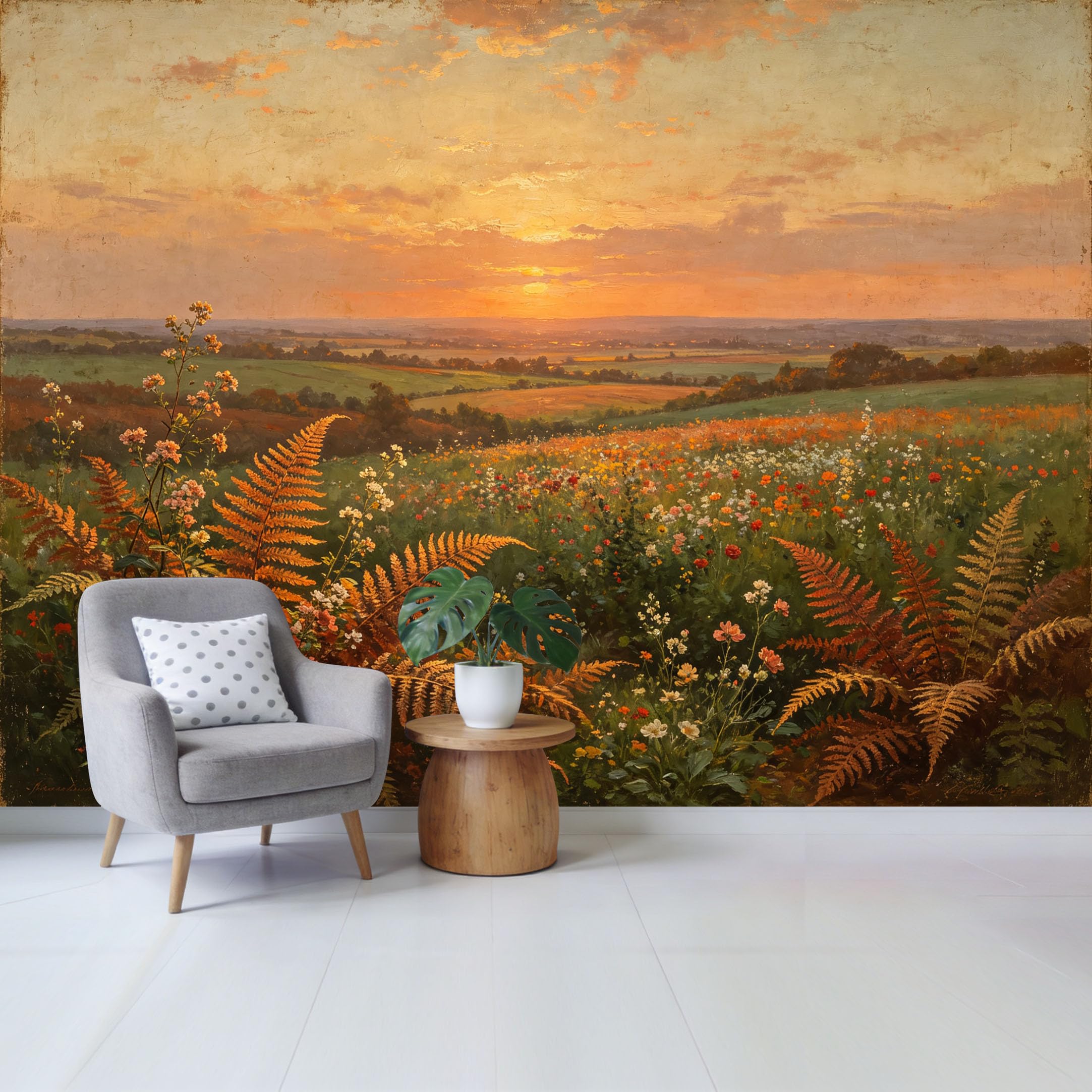 Qzlithotic Yq2605250452 Custom Size Wall Mural Golden Sunset Landscape Wildflower Meadow Fern Botanical Oil Painting Selfadhesive Wall Fabric Removable Wallpaper For Home Office Decor