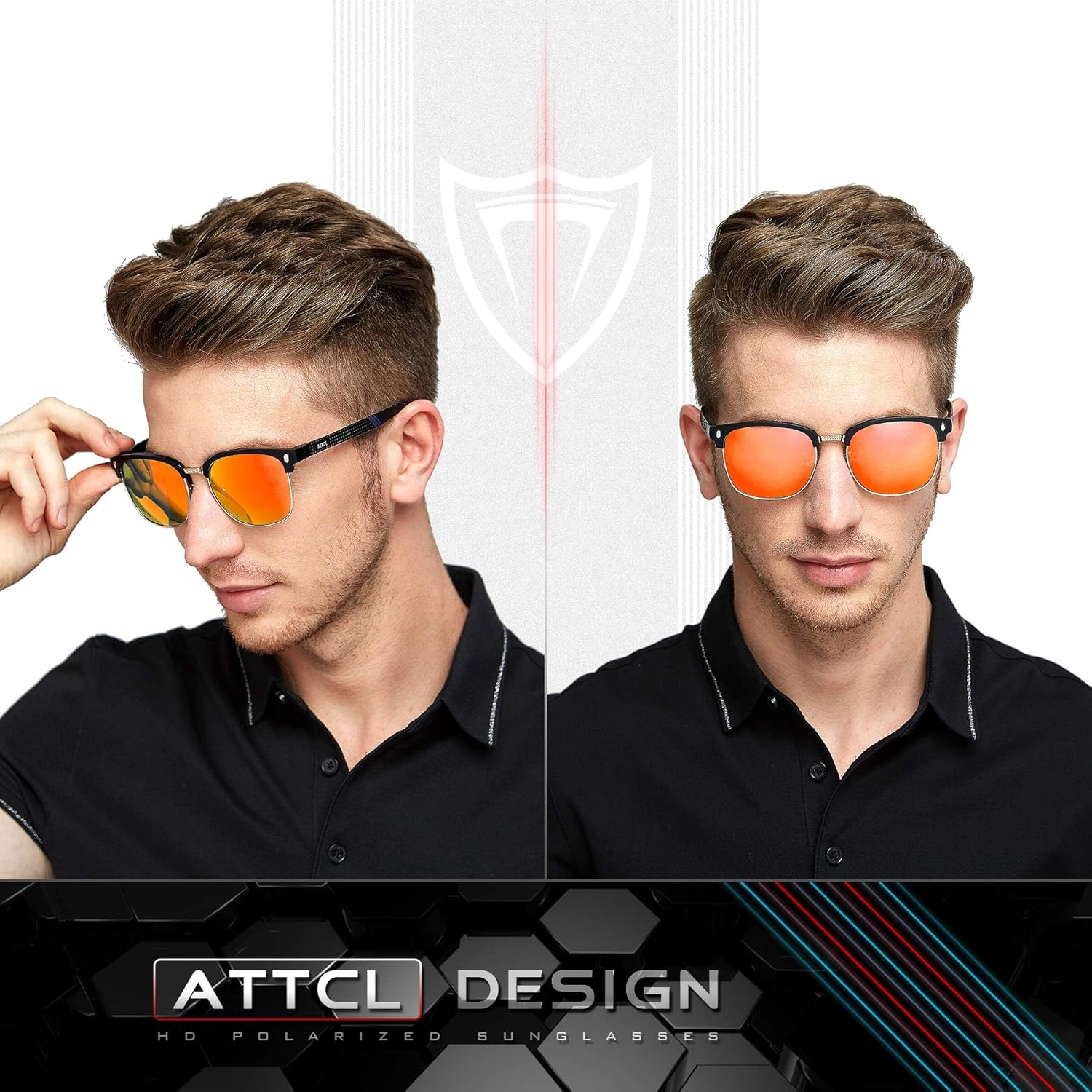 ATTCL Polarized Sunglasses for Men Driving: Lightweight Al-Mg Metal Frame Square Semi Rimless UV Protection for Travel Hiking