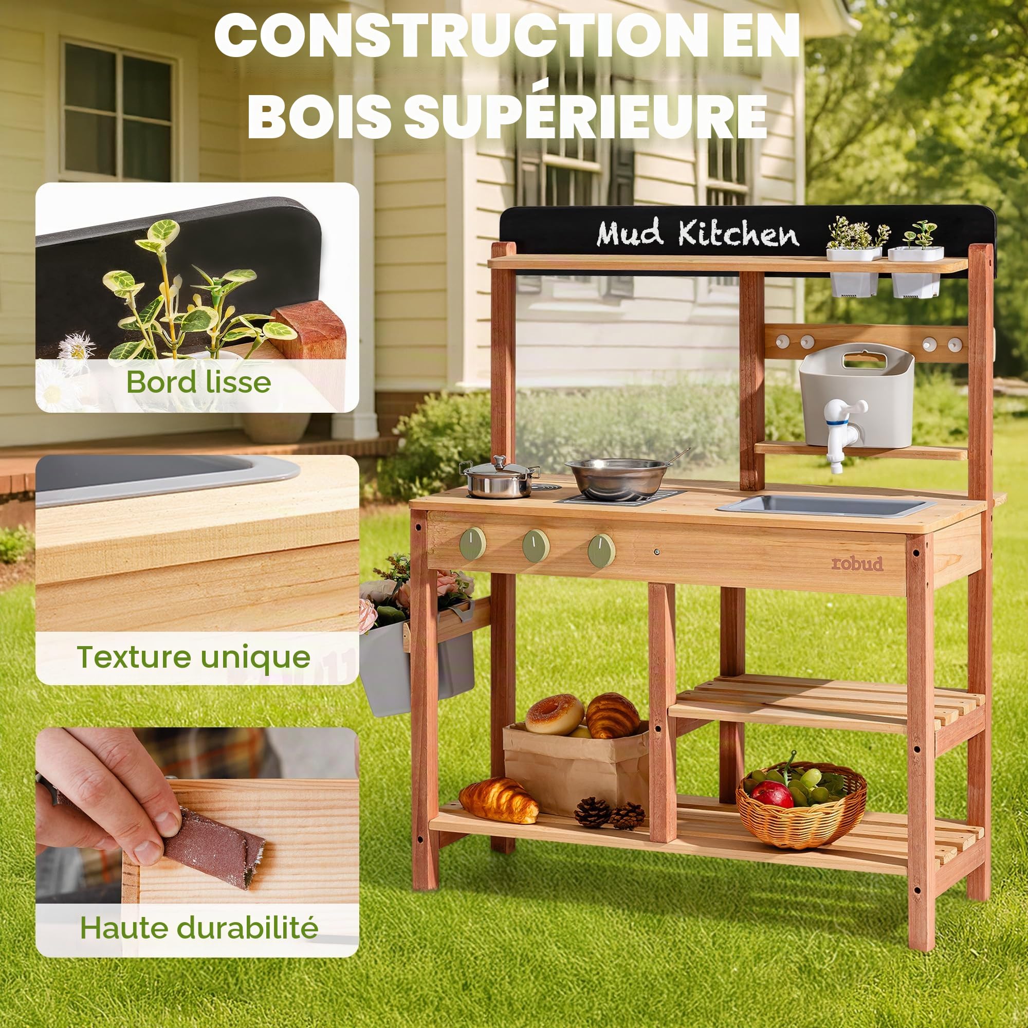 ROBUD Cuisine boueuse en Bois - Cuisine de Jeu d'extérieur avec Accessoires et Tableau à colorier - Jouet à roulettes pour Enfants à partir de 3 Ans