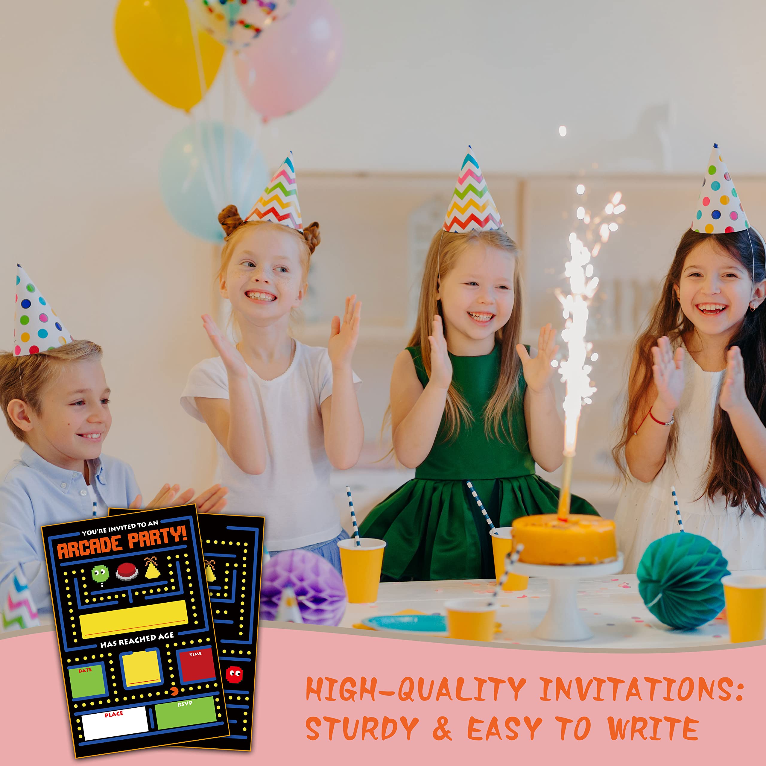 Invitaciones de cumpleaños de fiesta de arcade, invitación de videojuegos, invitaciones de fiesta de cumpleaños estilo relleno con sobres para niños y niñas (paquete de 20), decoraciones y