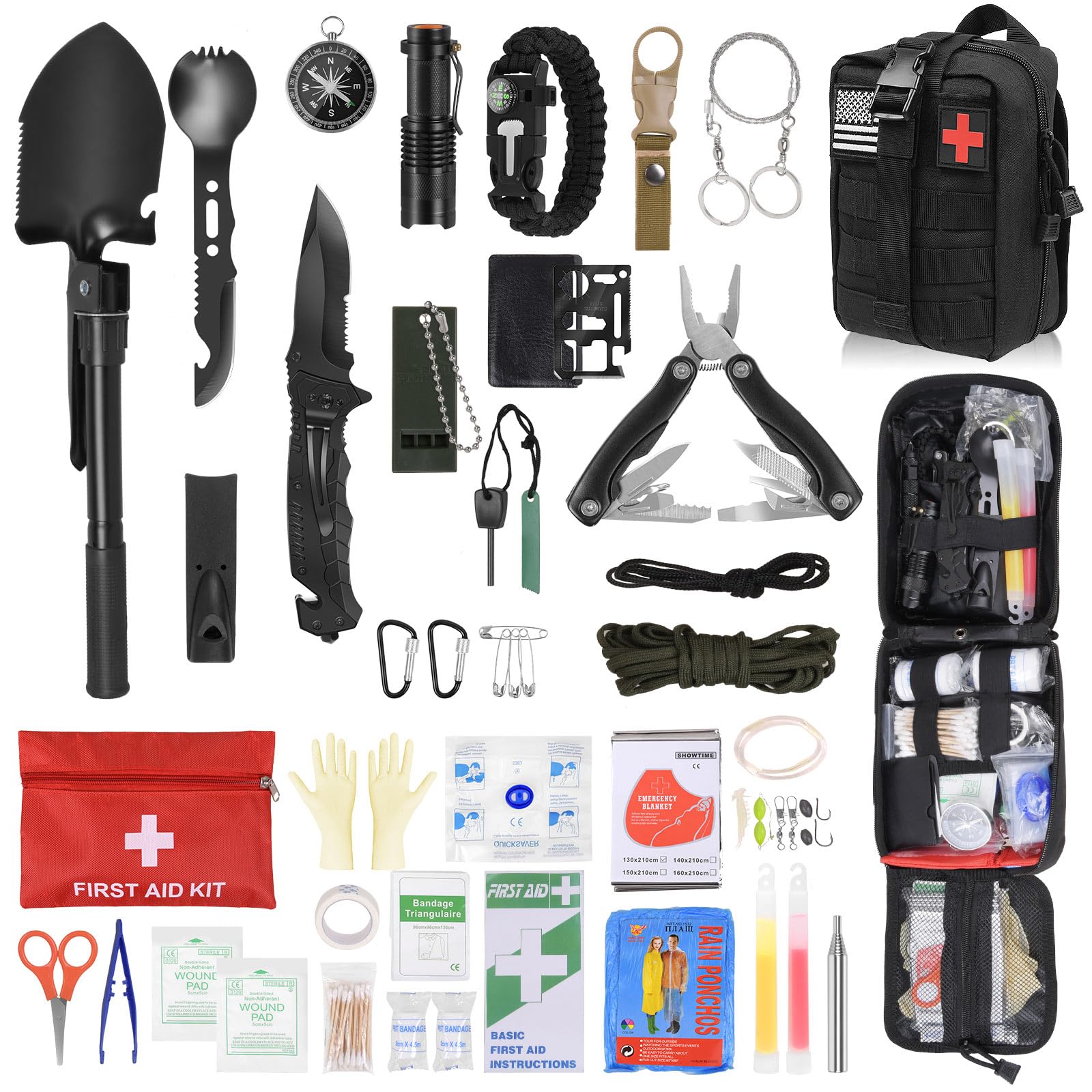 Kit de Survie d'urgence en Plein air, 38 en 1 avec Kit de Premiers Secours de Survie avec pour Hommes Camping, Pince Pliante, Voyage Aventure, Randonnée, Aventure en Plein Air