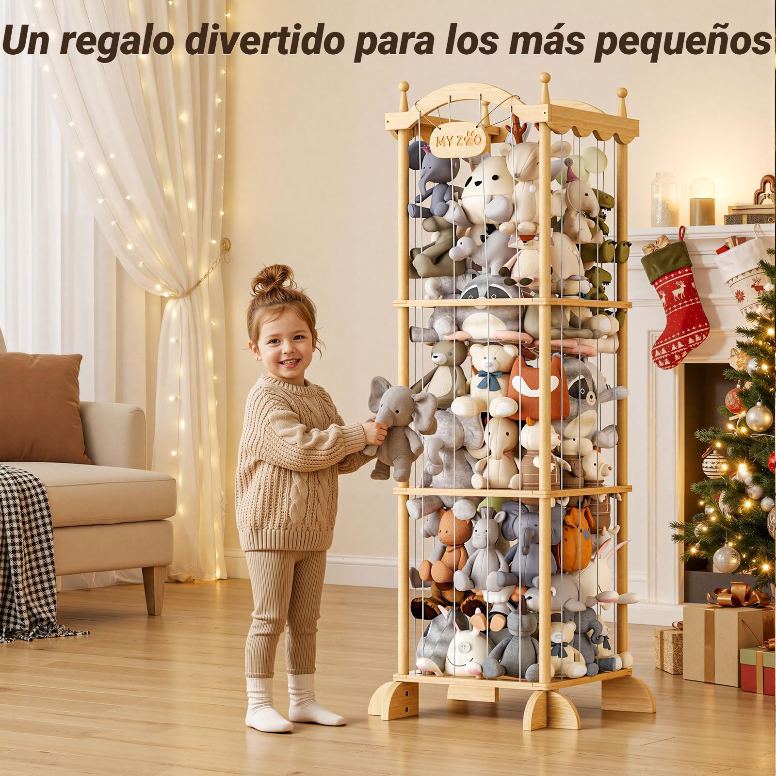 COSYLAND Organizador Peluches - Almacenaje Juguetes para Niños, Ahorrar Espacio Guarda Juguetes Infantil, Gran Capacidad Baúl para Sala de Juegos, Natural (Castillo sin Cuerda Colgante)