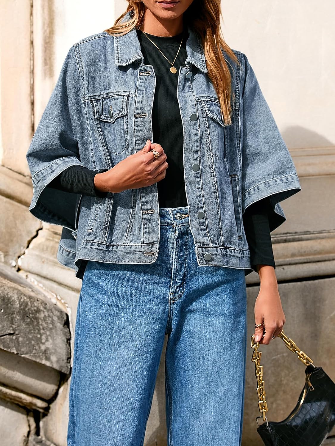 Tankaneo Womens Jean Jacket Oversized Cropped Short Sleeve Cotton Denim Jacket Fall Trendy Cape Outerwear with Pockets - Image 2