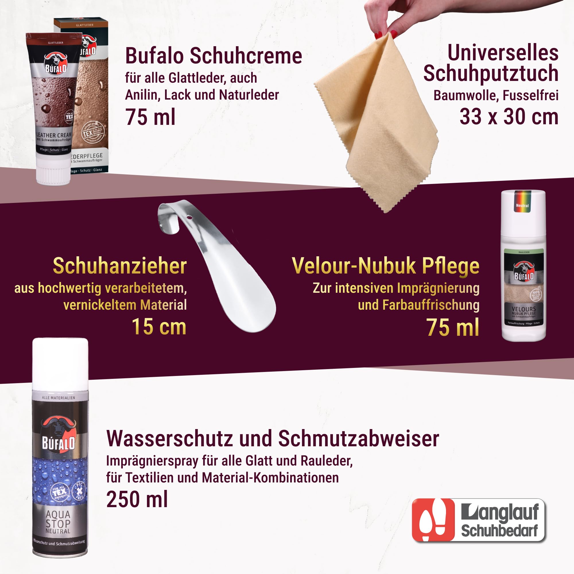 Langlauf Schuhputzset 13tlg Venezia - Schuhpflege Glatt- & Wildlederbürsten | mit Schuhcreme farblos/schwarz, Imprägnierung, Velours- & Nubukpflege, Rosshaarbürste Schuhbürsten Set für Glanz & Reinigung