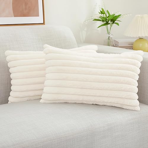 decorUhome - Juego de 2 fundas para cojín de piel sintética, decorativas, afelpadas, suaves, a rayas, parte posterior de terciopelo para sofá, cama,