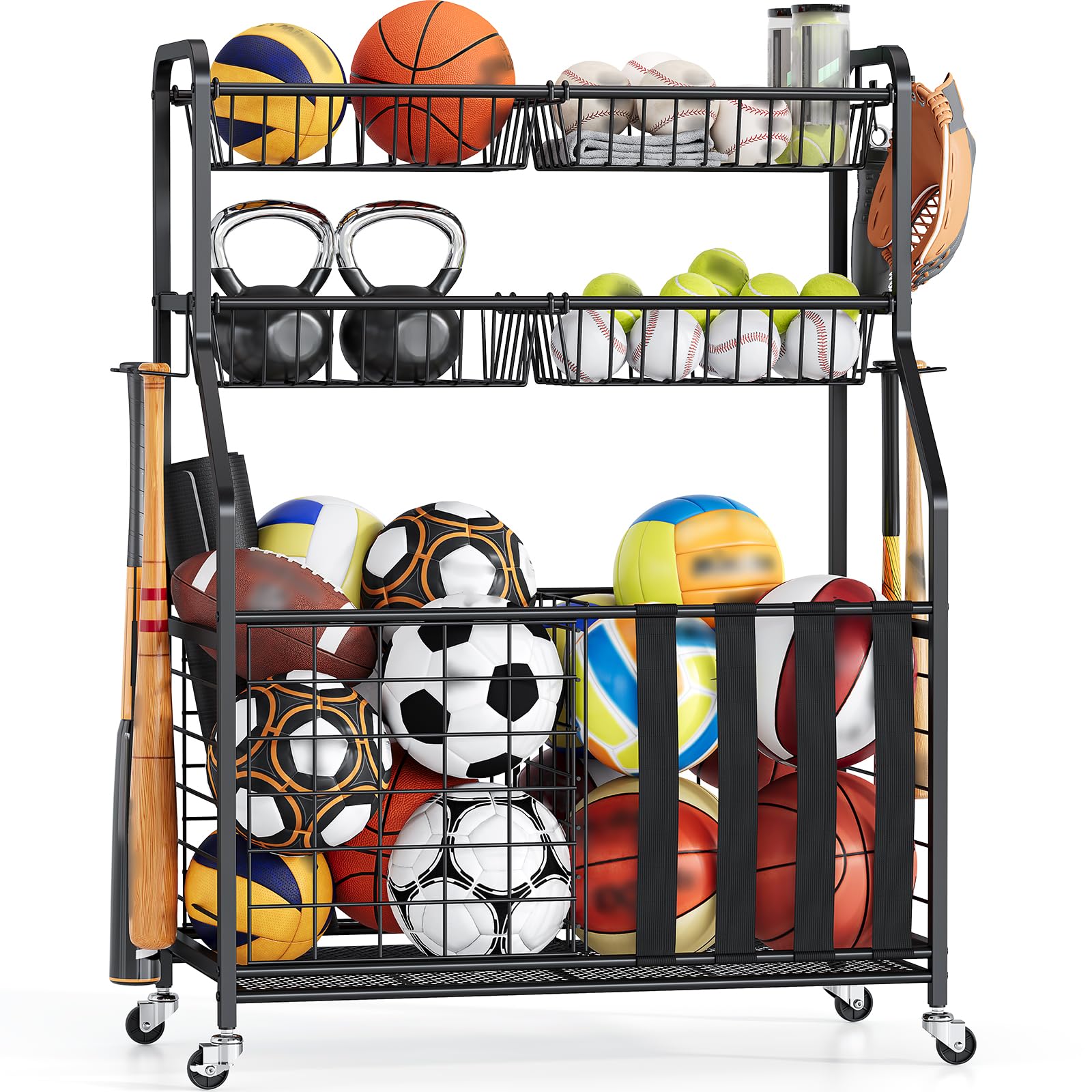 APEXCHASER Sports Equipment Organizer, Rolling Garage Ball Storage Rack | Heavy-Duty Steel, Rolling Wheels, Storage Baskets, Side Hooks, Ball Storage, Sports Gear, Toys, Garage, Home Gym