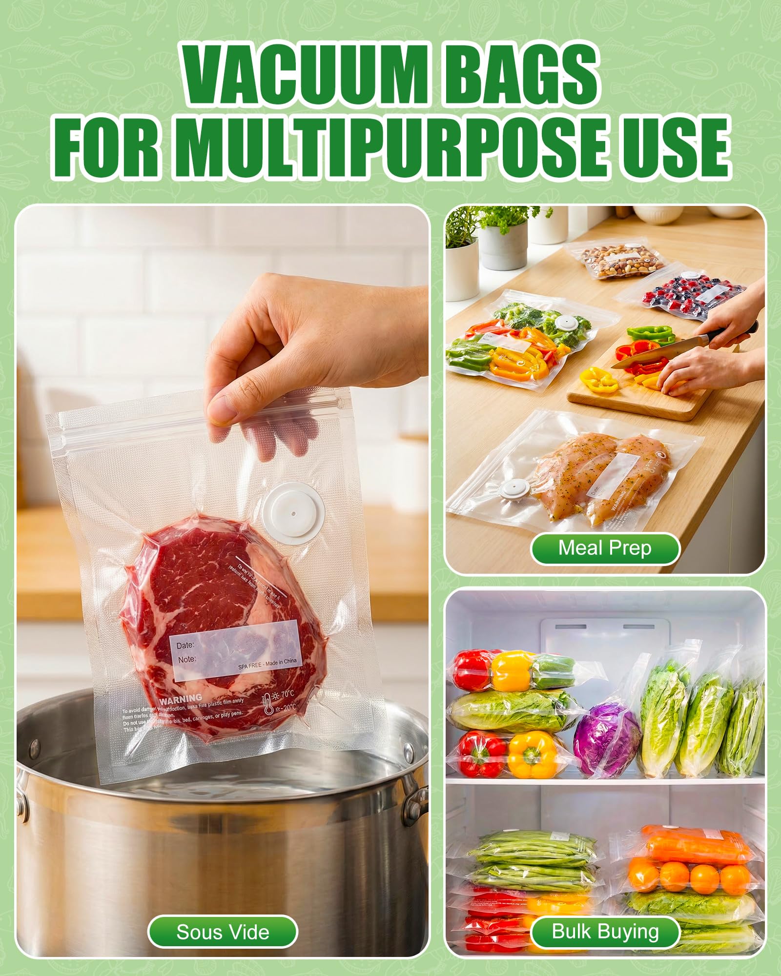 Babacom Macchina Sottovuoto Alimenti Portatile + 30 Pezzi (L:30x34cm) Sacchetti Sottovuoto Alimenti Riutilizzabili, Senza BPA, per Congelatore/Cottura Sous Vide/Conservazione