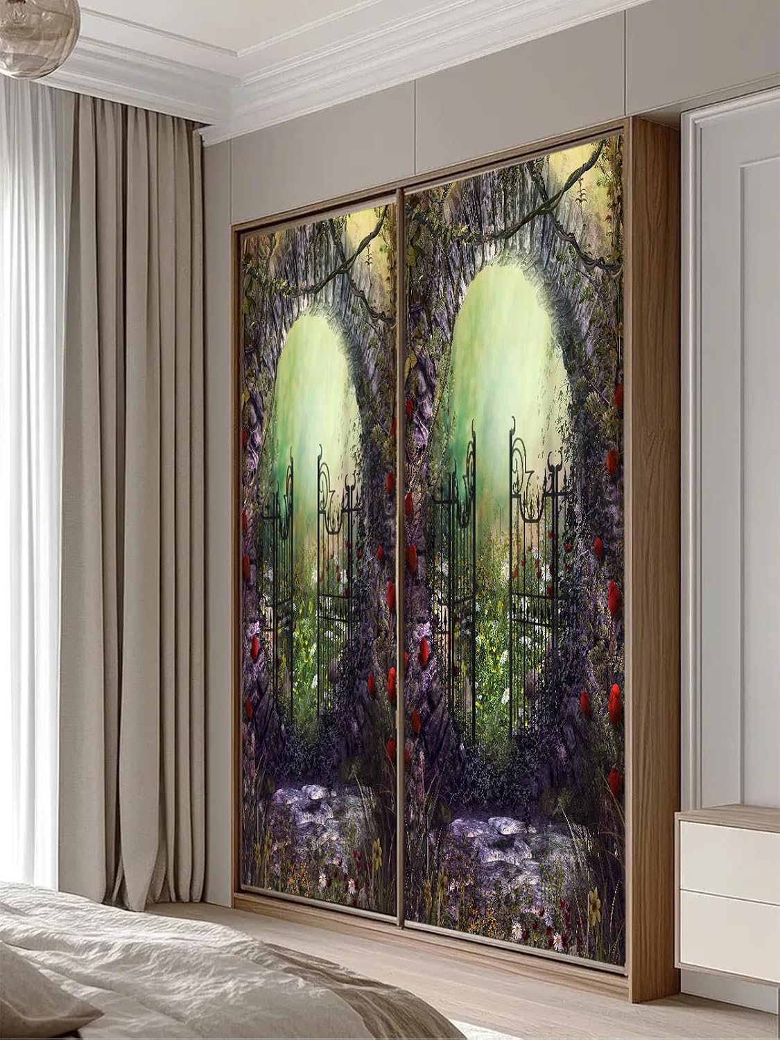 artfanke 3D Peel and Stick Door Stickers 33.5"x84.6"- Self-Adhesive Door Murals Wallpaper -Magical Forest Old Gate Wall Poster for Bedroom Home Decor (2 Sheets/Set)