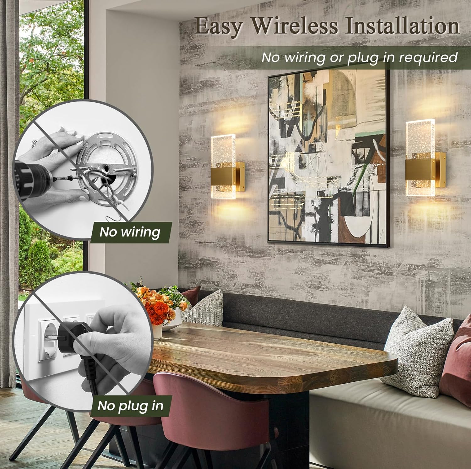 Gold Battery Operated Wall Sconces Set of 2,USB Rechargeable Dimmable LED Wireless Wall Light with Remote Control,Cordless Wall Lamp Set of Two for for Bedroom Living Room Bedside