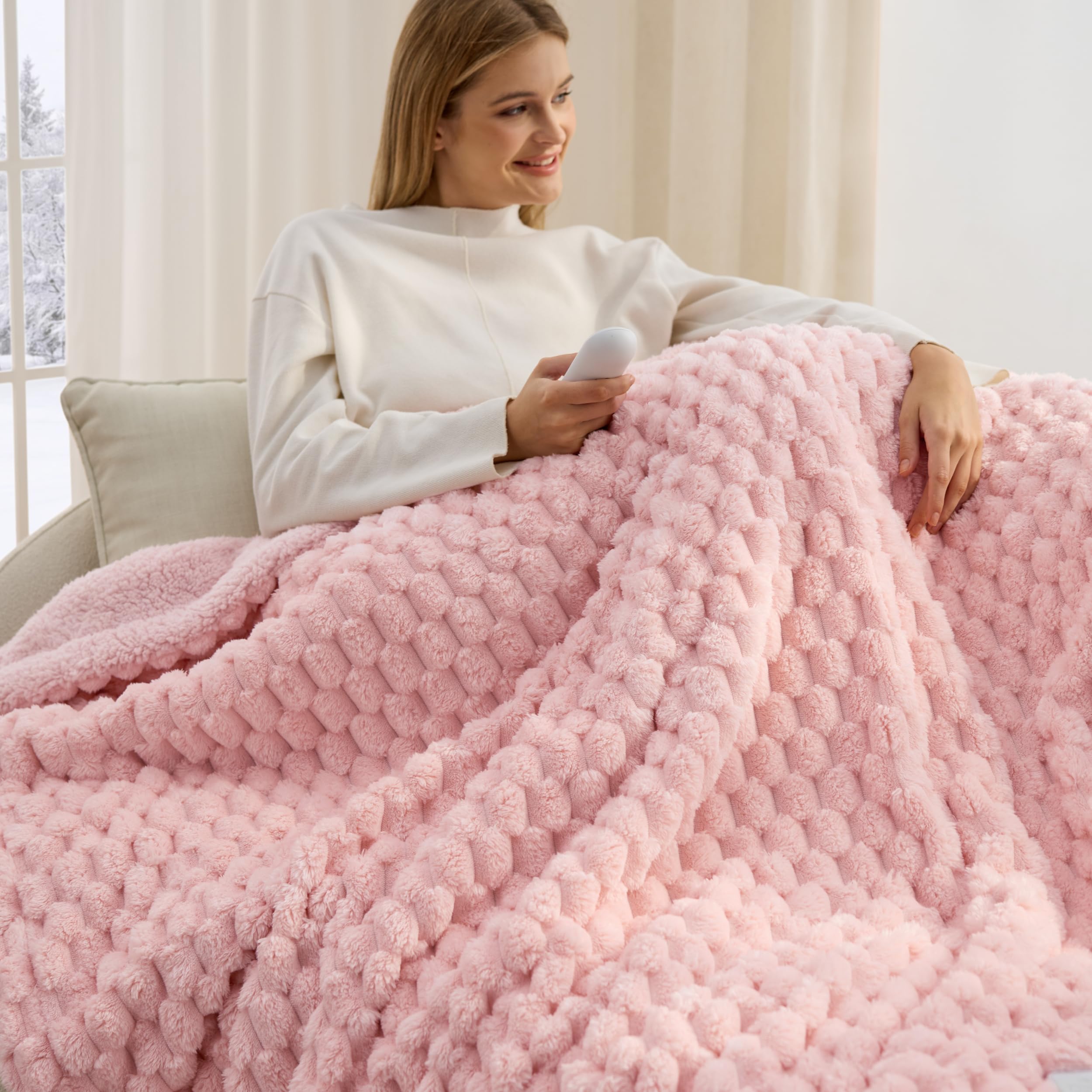 Bedsure Heated Blanket Throw, Pink Bubble Pattern Electric Blanket
