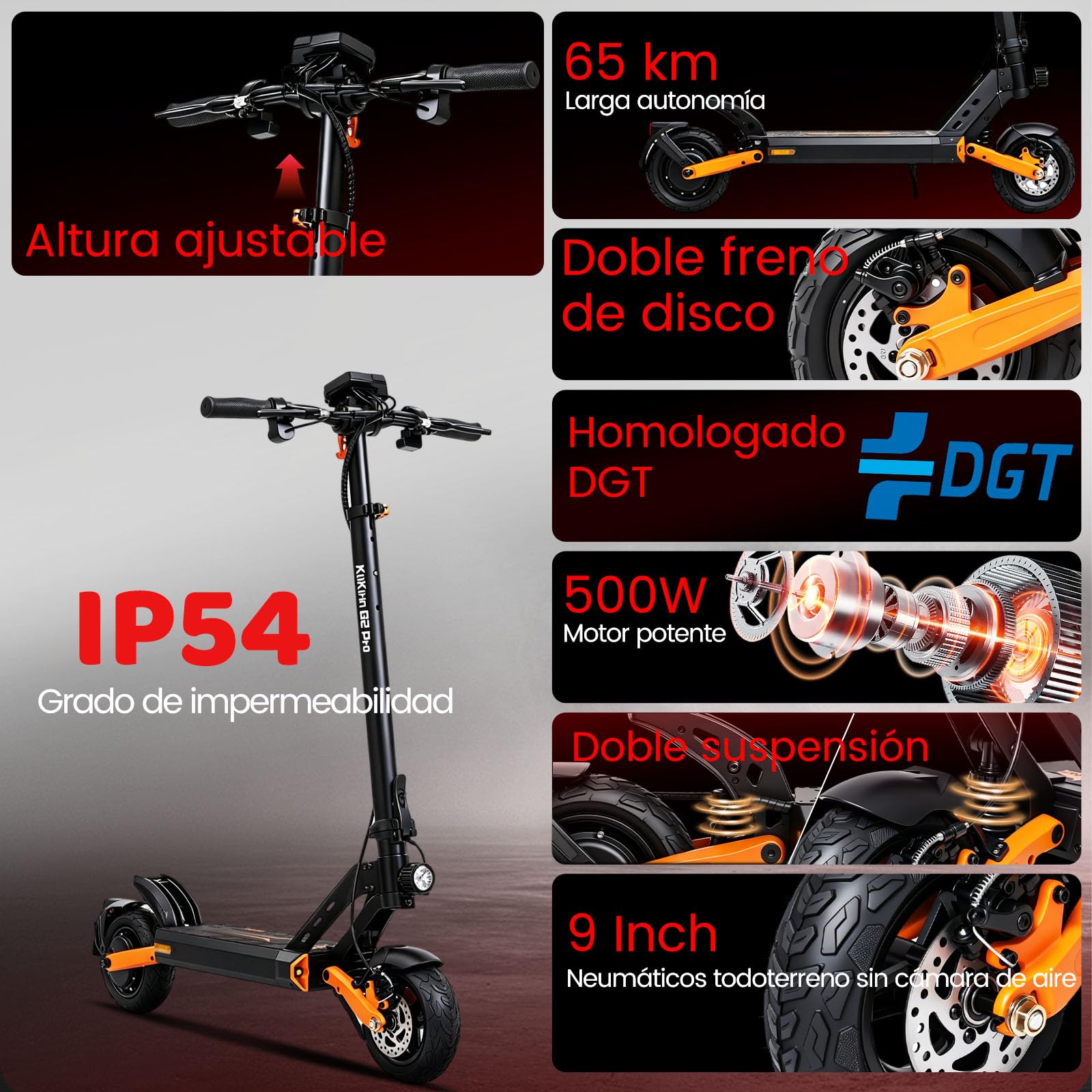 Patinete Eléctrico Adultos Homologado DGT 68km Autonomía Patin Electrico | Patinete eléctrico todoterreno Batería 48V 15.6Ah, Doble Freno, 9" Tubeless ,Sistema de Doble suspensión IP54,Carga 120KG