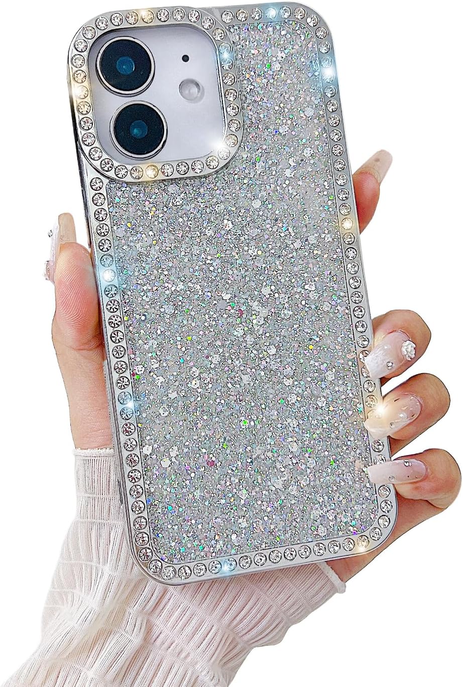 Svaove for iPhone 12 iPhone 12 Pro Case Glitter, Luxury Bling Sparkly Phone Case with Shiny Crystal Diamonds Rhinestone for Women Girls, Hard Shell Plastic Shockproof Bumper Protective Cover, White