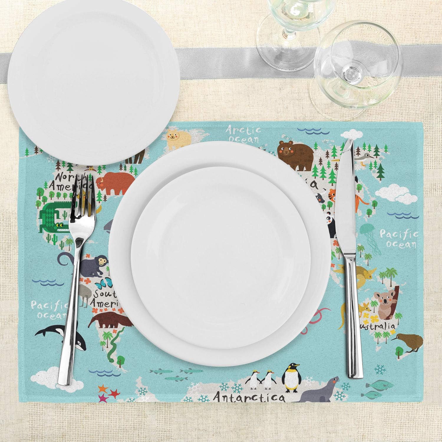 Lunarable Africa Place Mats Set of 4, World Map Africa Camel America Lama Alligator Ocean Australia Koala, Washable Fabric Placemats for Dining Table, Standard Size, Soft Blue