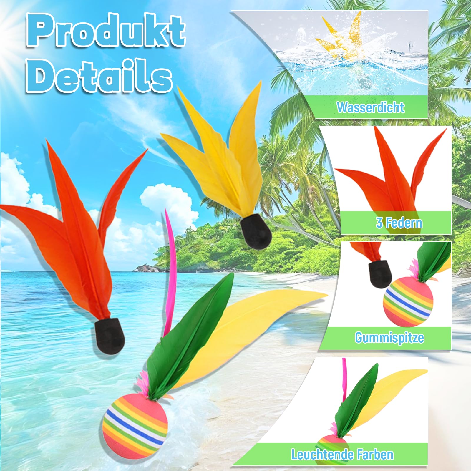 Beach Ball Spiel Set, Strandball Schlägerset für Kinder, Beachball Set with 2 Schläger 6 Federbälle 1 Tasche, Paddleball Spielset für Kinder&Familie für Garten Strand Party
