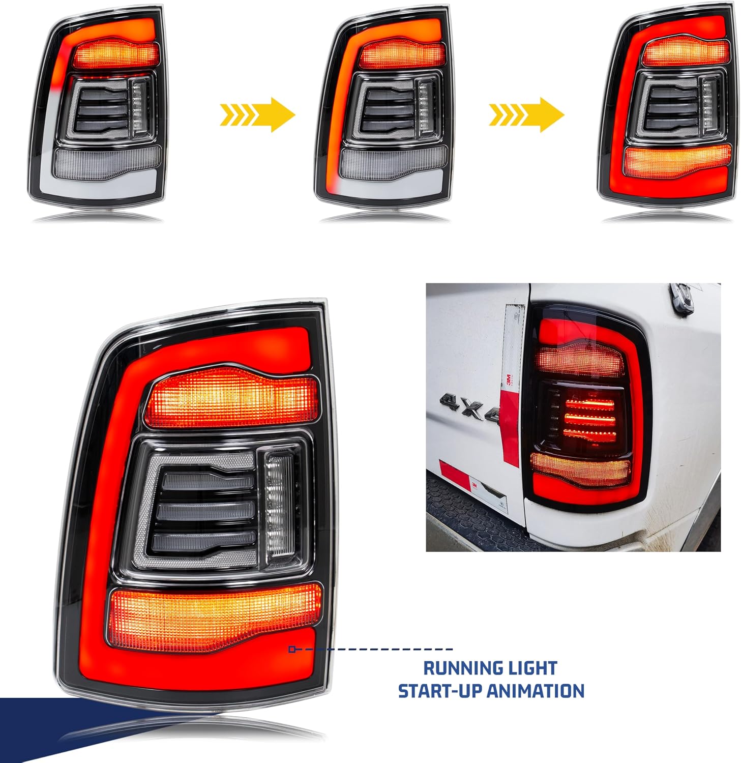 LED Clear Tail Lights Assembly Compatible with Dodge Ram 1500 2500 3500 2009-2018 4th Gen Start-up Animation Sequential Yellow Turn Signal Rear Lamps Accessory