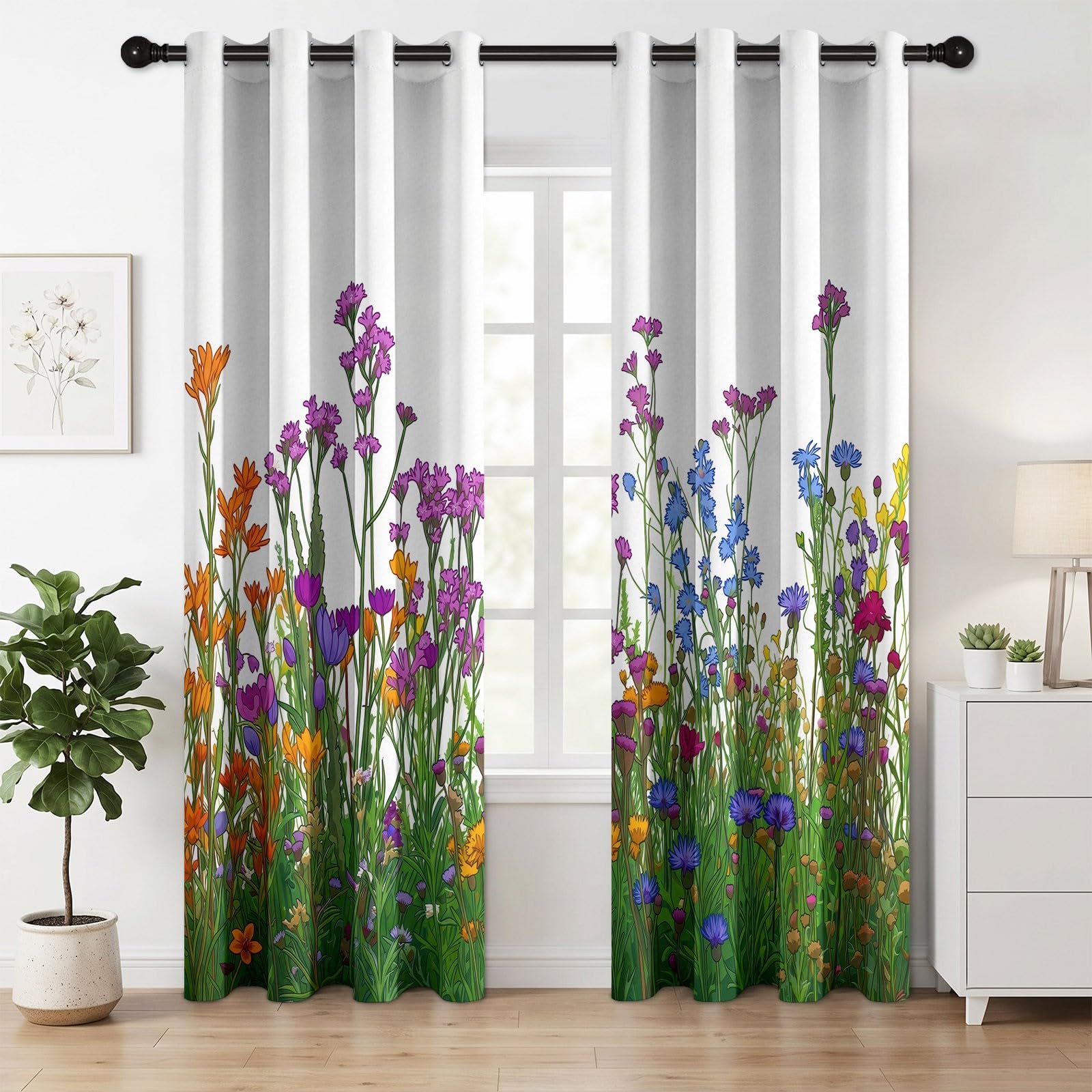 245 x 140 cm (wys. x szer.), wiejskie, botaniczne, zielone liście, dzikie kwiaty, zestaw 2 paneli, wiejskie zasłony zaciemniające do sypialni, salonu, zasłony okienne