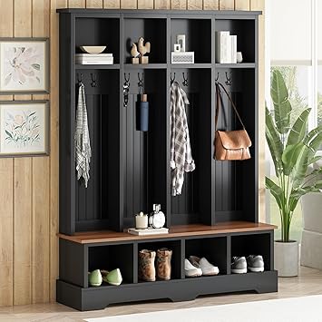 59 W Farmhouse Hall Tree with Bench and Shoe Storage, 3-in-1 Entryway Coat and Shoe Rack with 8 Hooks, Open Compartments, Modern Wooden Coat Rack for Mudroom, Entryway Black