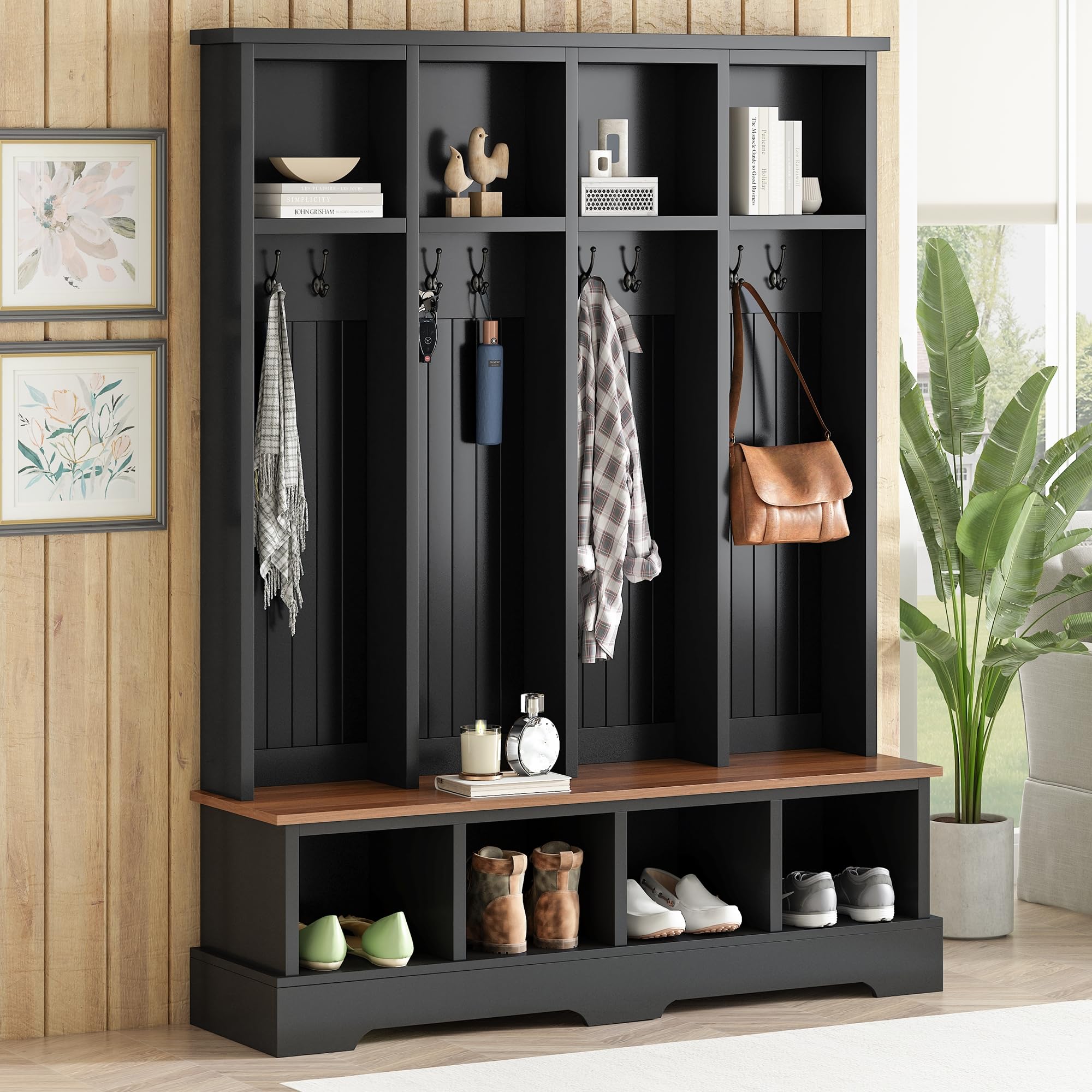 Photo 1 of Merax Farmhouse Hall Tree with Bench and Shoe Storage, 59" Entryway Bench with Coat Rack, 3-in-1 Hall Tree with Top Compartments and 8 Hooks for Hallway, Living Room, Black